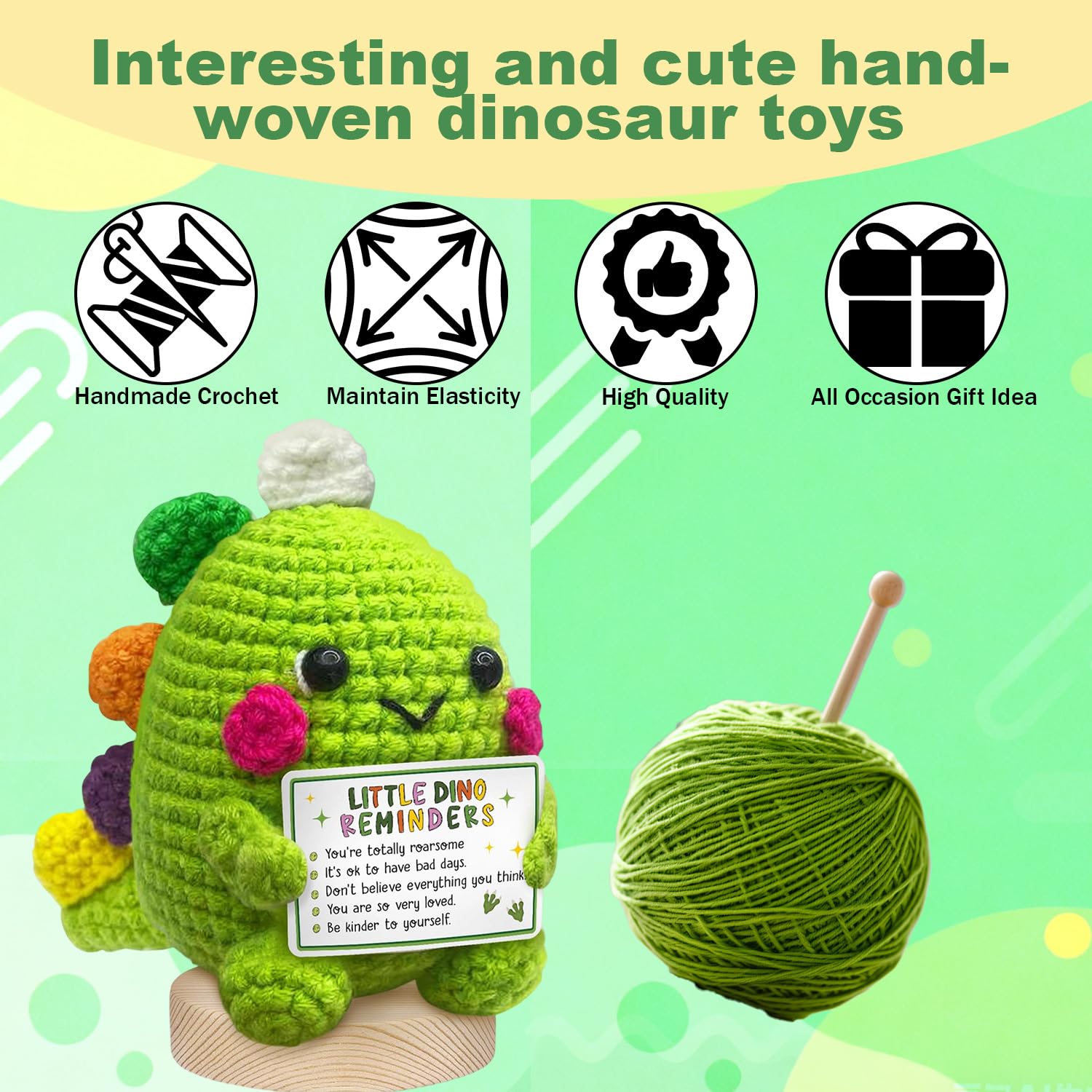 Wuneiox Positive Dinosaur Crochet Gift, Green Handmade Emotional Support Gift with Inspirational - Image 4