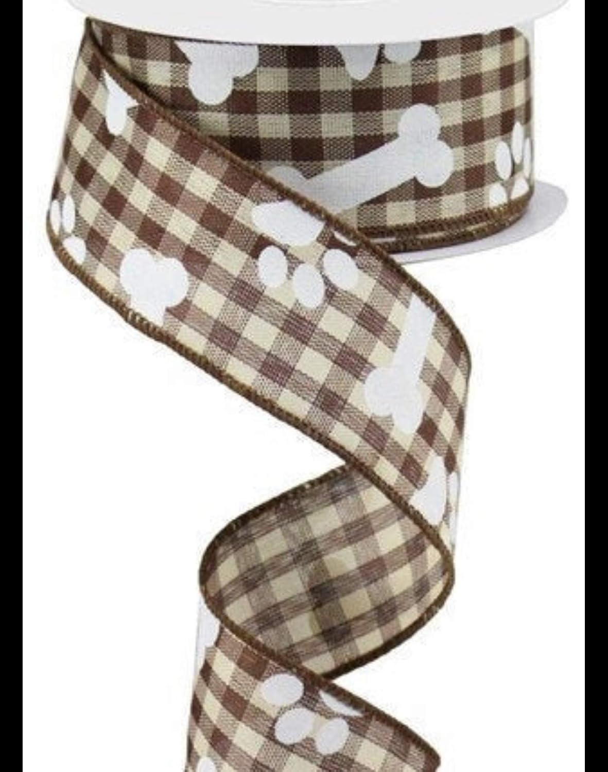 Paw Prints & Bones on Gingham Wired Edge Ribbon, 10 Yards (Brown, White, 1.5 Inch)