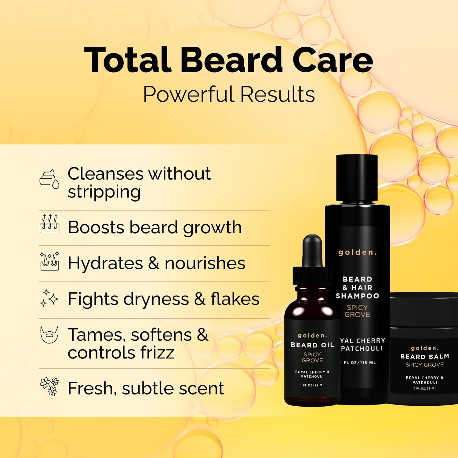 Golden Grooming Beard Bundle (Regular Starter Kit) 4oz Shampoo, 2oz Balm, 1oz Oil - Spicy Grove