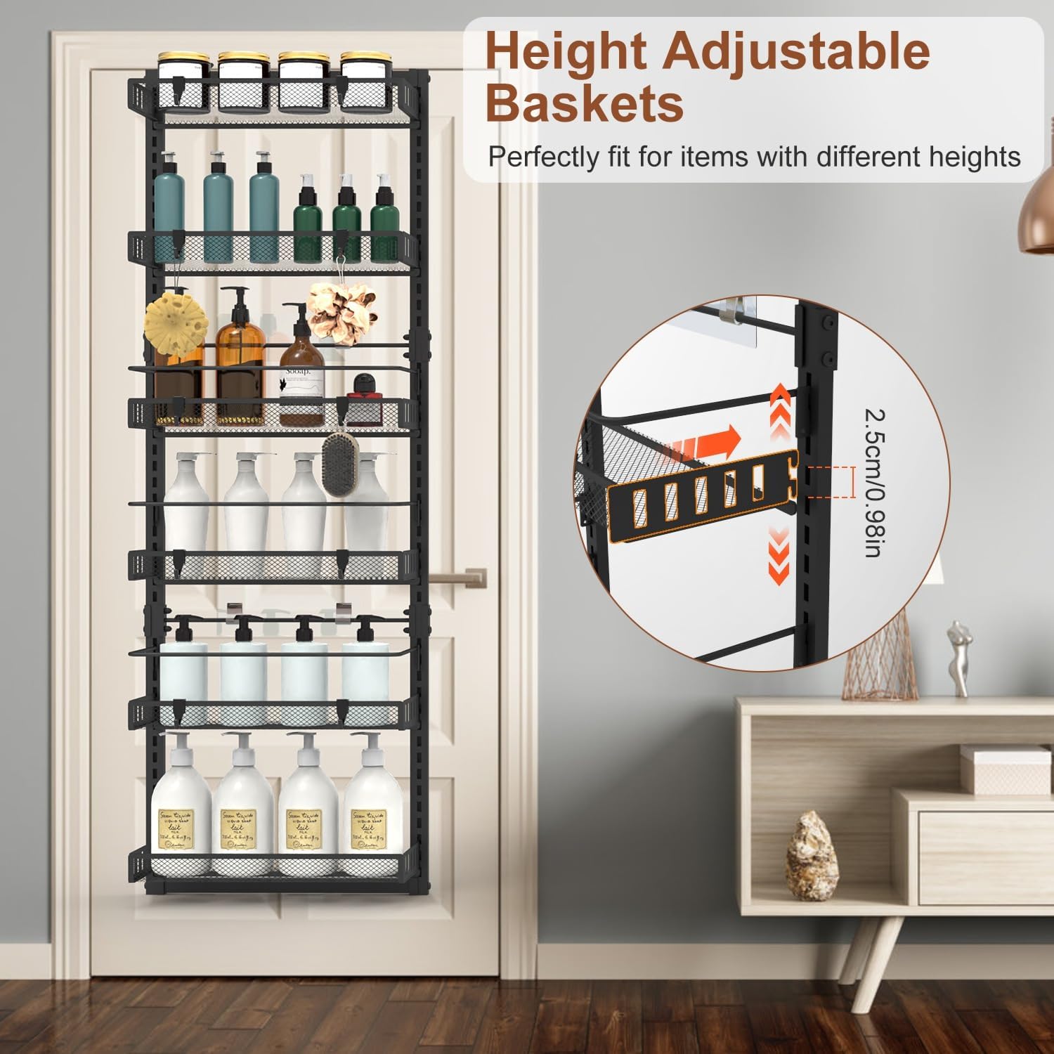 Over The Door Pantry Organizer 6-Tier Pantry Door Organizer Carbon Steel 110LBS Loading Hanging Spice Rack Shelves for Easy Install Home & Kitchen Essentials For Kitchen Bathroom 50”H 17”W 5.5”D