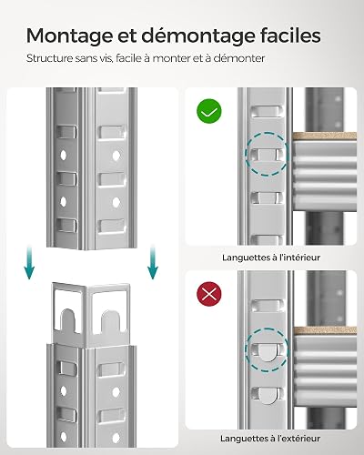 SONGMICS 5-Tier Heavy-Duty Shelving Units, Set of 2 Steel Shelving Units for Storage, Boltless Assembly, for Garage, Shed, Load Capacity 750 kg, 60 x 120 x 200 cm, Silver GLR060E02 - 6