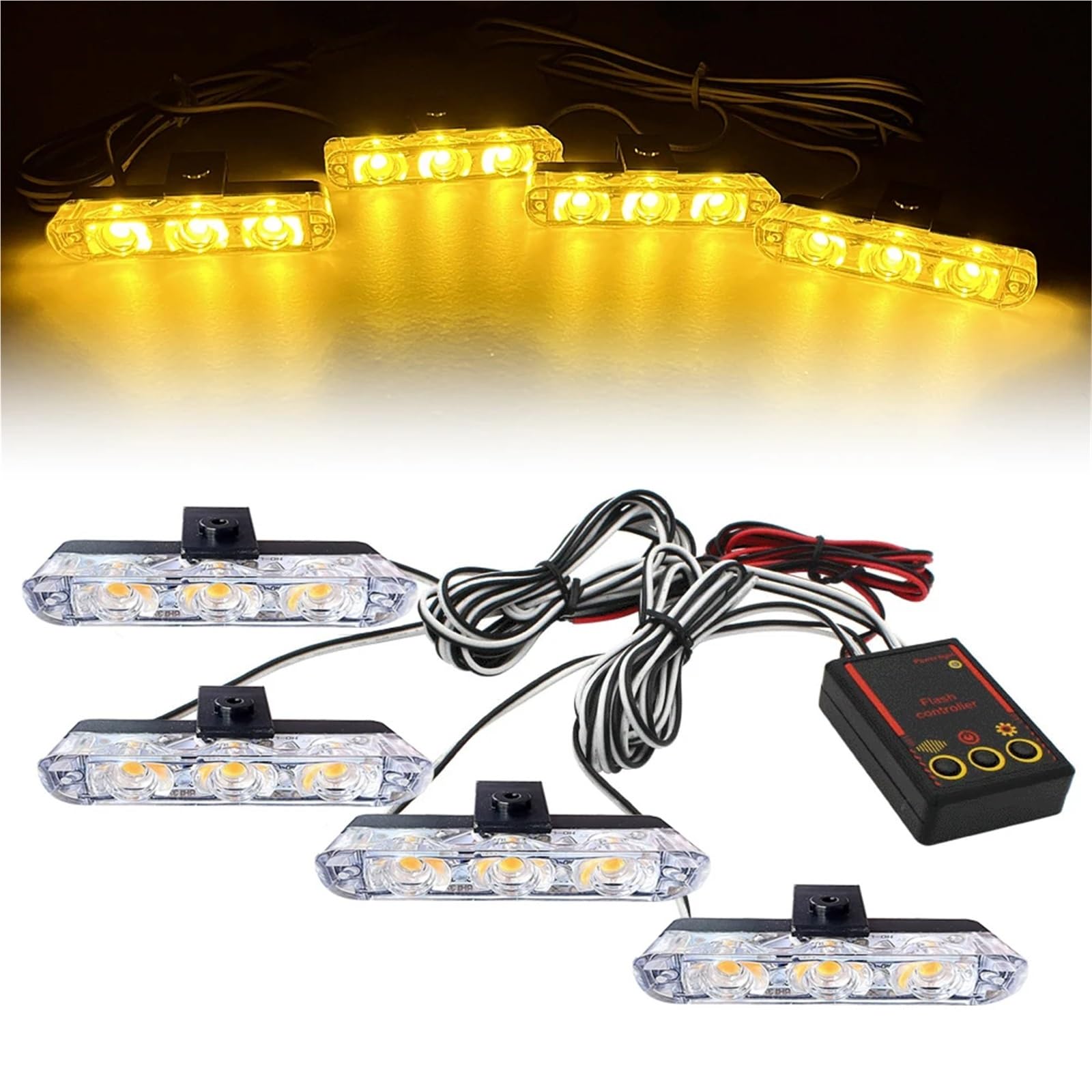 Luz estroboscópica for parrilla de coche de 12 V con 4x3 LED, minilámpara intermitente, luces de circulación diurna, luces de emergencia policiales, baliza.(Yellow White)