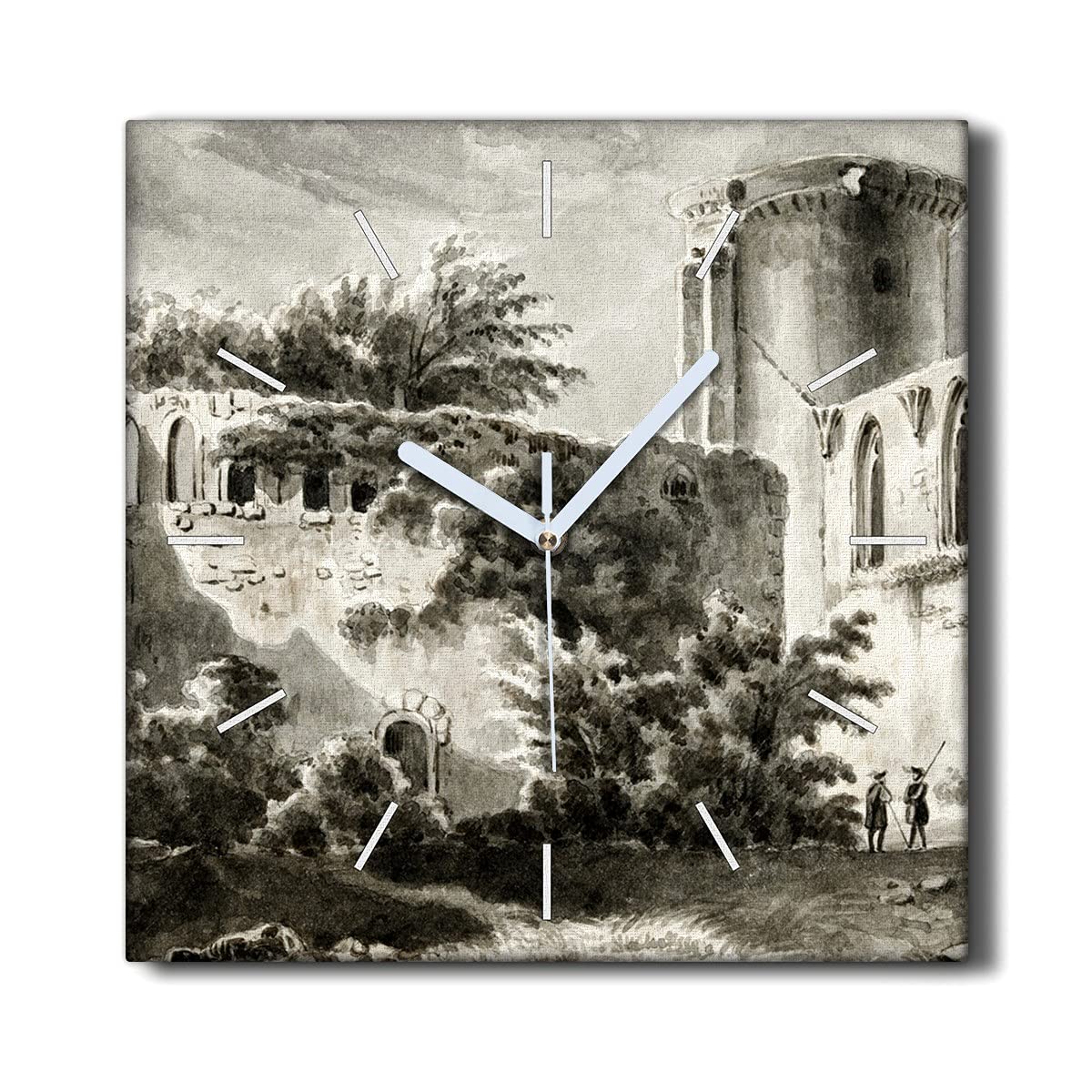 Horloge Murale sans tic-tac pour le Salon Décoration Toile 30x30cm Château et Arbres