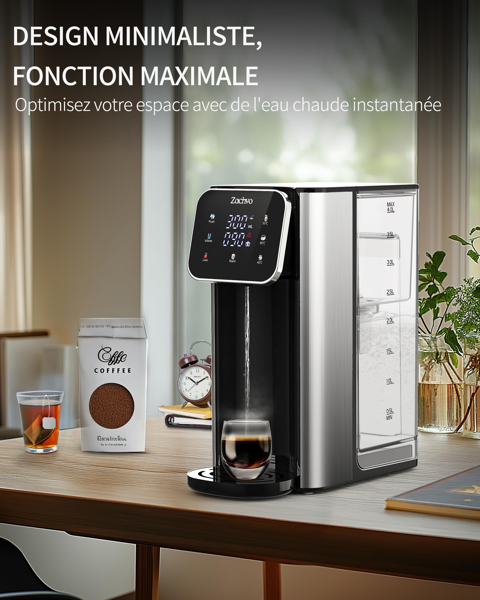 Distributeur d'eau chaude UR05-2200W – Eau chaude en quelques secondes, 4 niveaux de température & 3 volumes d’eau, réservoir 4L, compact, filtre à charbon actif, pour cuisine & bureau