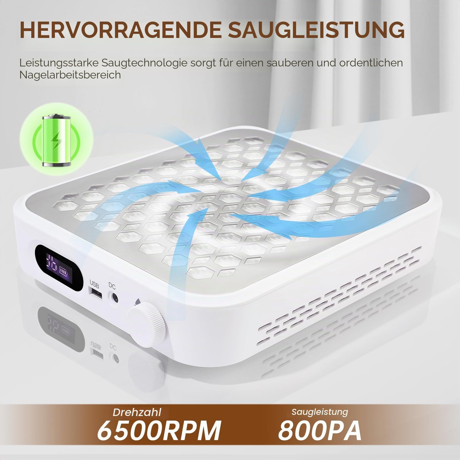 Staubabsaugung für Nägel 800PA, 5500RPM Professionell Akku-Nagelstaubsauger
