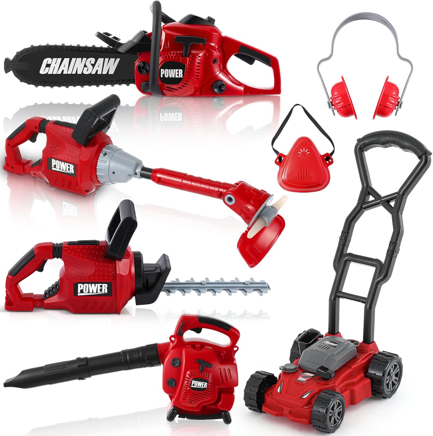 Kids Lawn Mower Toy Set 7 Pcs Electric Garden Tools with Leaf Blower, Chainsaw & Trimmer – Summer Outdoor Toys for Boys Girls Birthday Gifts