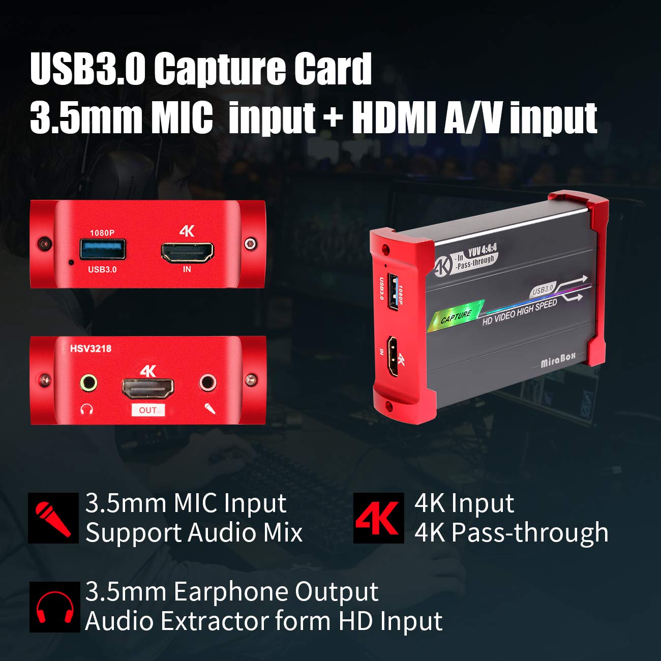 Mirabox USB3.0 4K HDMI Video Capture Card, 1080P 60FPS HD Game Capture