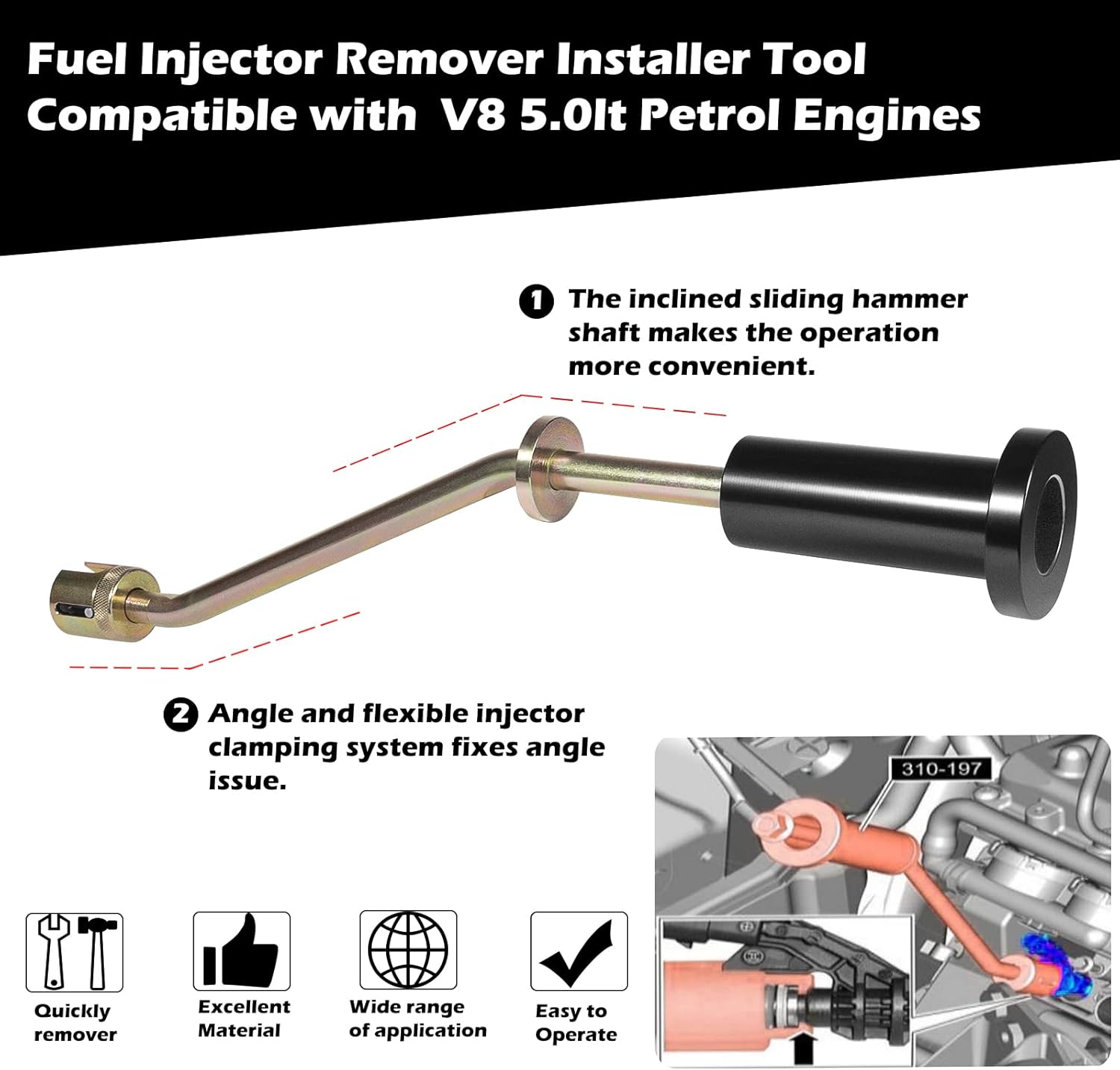 Fuel Injector Remover Tool Compatible with Jaguar 3.0 and Land Rover 5.0L V8 Engines, Replace 310-197 Fuel Injector Puller
