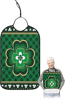 Funny Adult Bibs for Eating, St Patricks Day Vintage Shamrock Green Golden Plaid Waterproof Clothing Protector Washable Adult Bib with Crumb Catcher for Men Women Elderl and Seniors