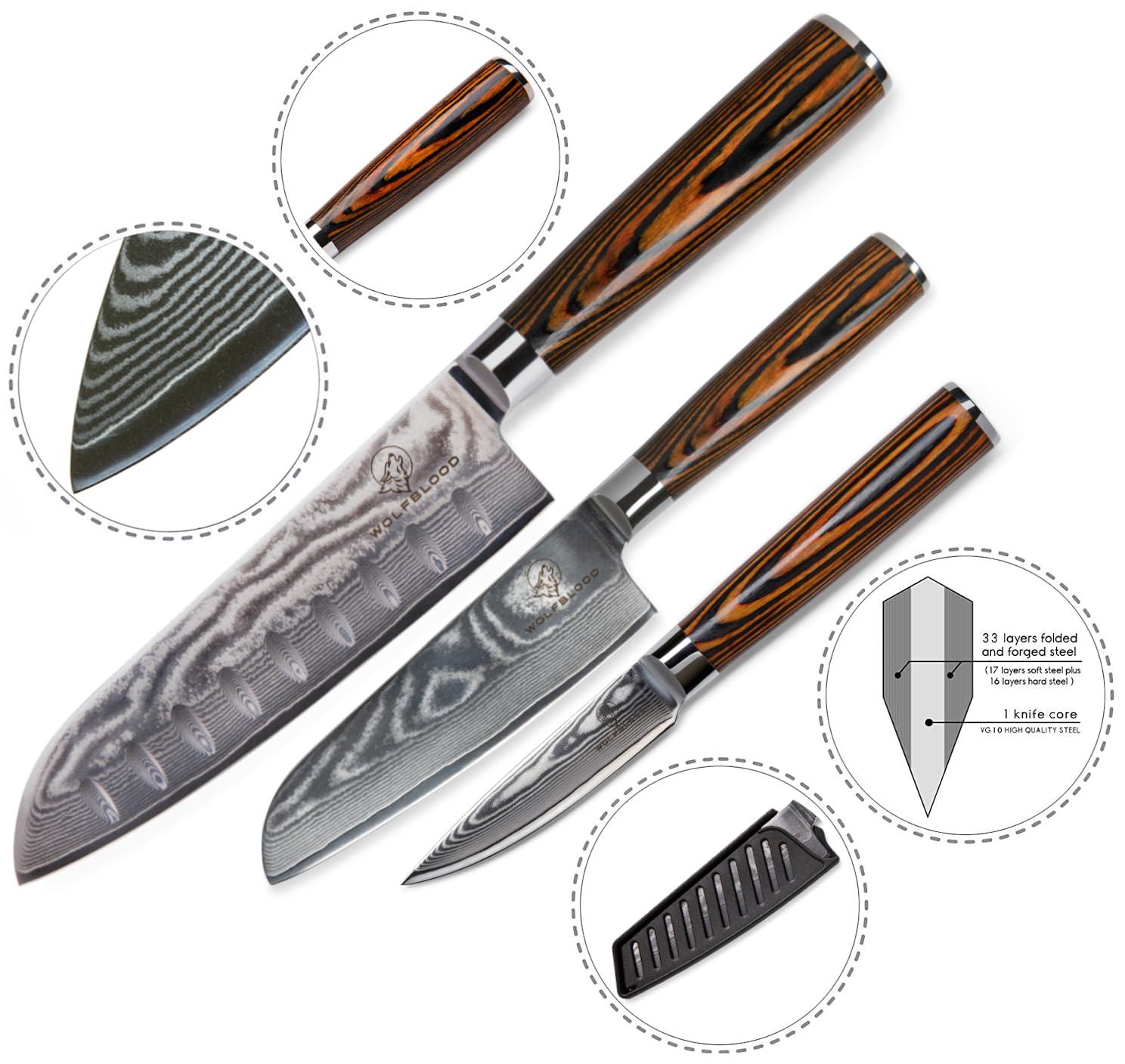Wolfblood zestaw 3 noży Santoku ze stali damasceńskiej 67 warstw (30, 24 i 20 cm) | Profesjonalne noże kuchenne VG10 | Noże Santoku, nóż do obierania, pudełko na prezent i osłona ostrza