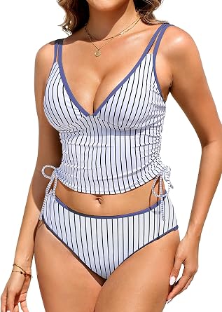 RIHOAS Womens Tankini Swimsuits Tummy Control Two Piece Bathing Suits Drawstring V Neck Top with High Waisted Bottom