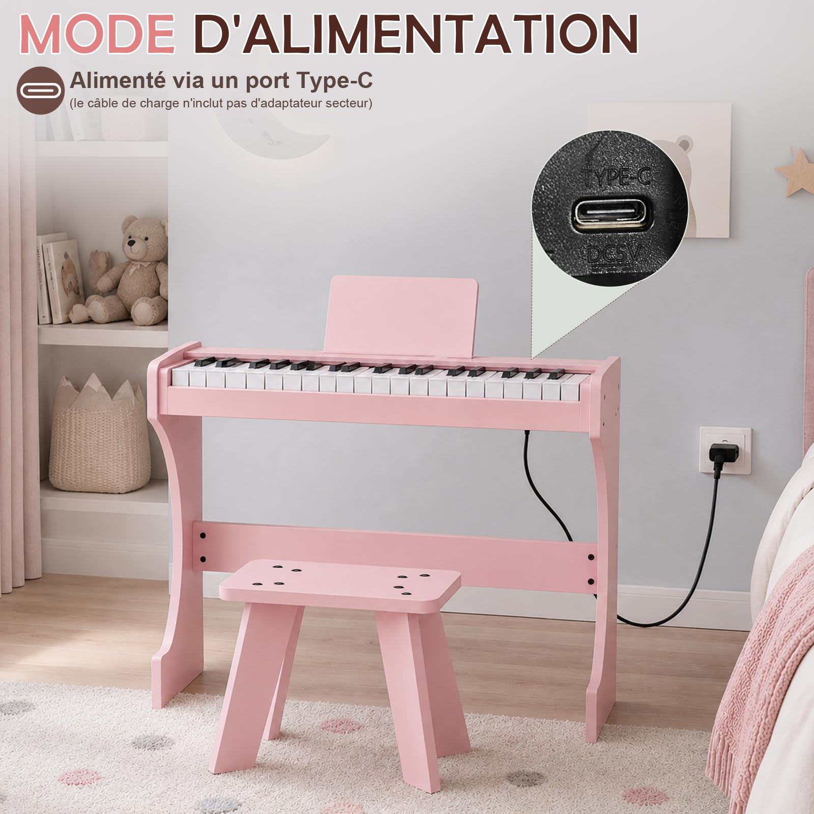 Piano Numérique Enfants 37 Touches, Instrument Éducatif de Musique (Rose)
