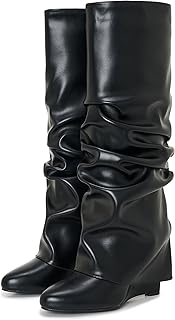 Women's Fold Over Knee High Shark Boots 4-Inch Wedge Heel Pull-On | Slouchy ruched shaft, almond toe, PU upper and 4-inch covered wedge; selected colors feature embossed crocodile print
