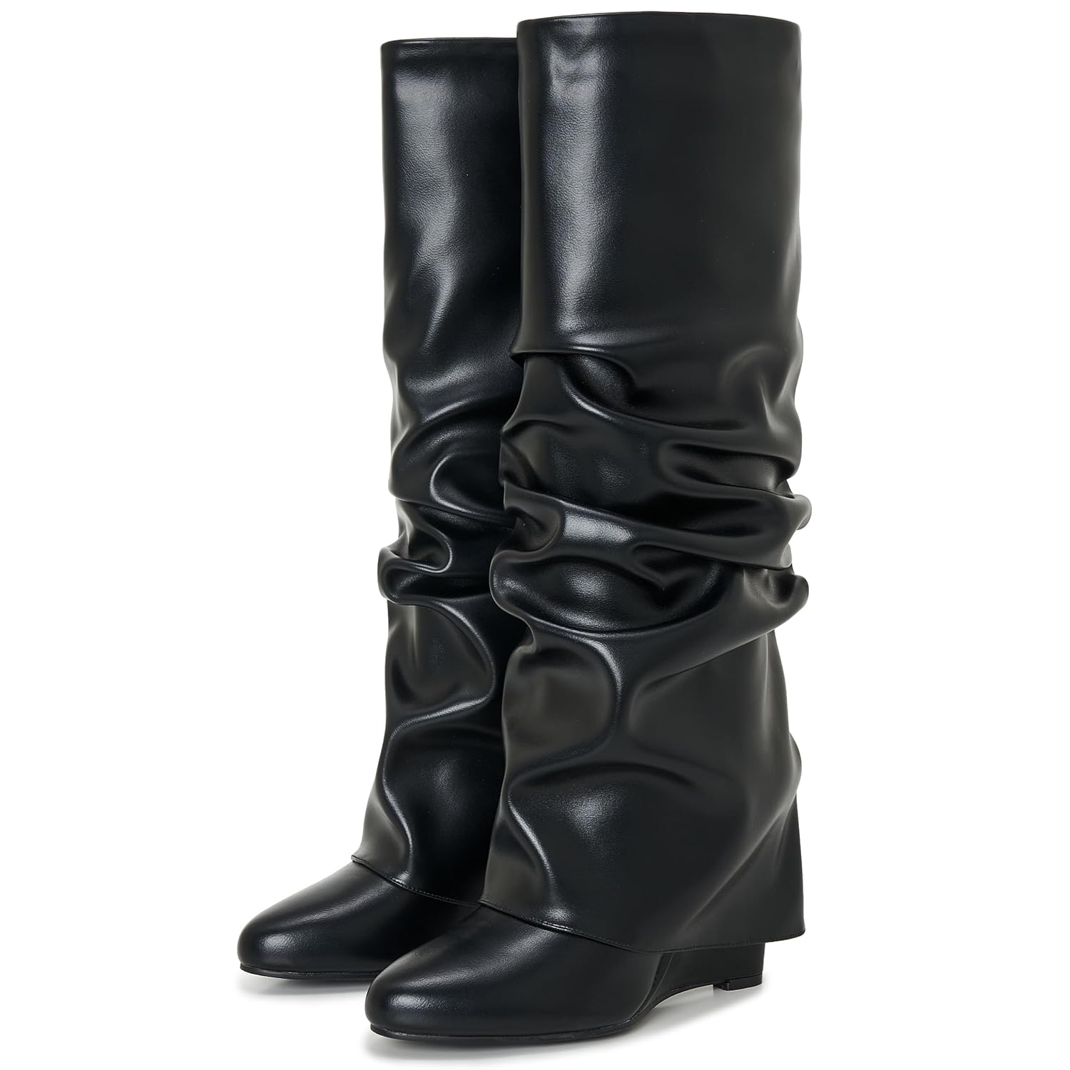 Womens Ruched Knee High Boots Fold Over Toe Tall Boot Wedge Heel Pointed Wide Calf Pull-on Shark Boots