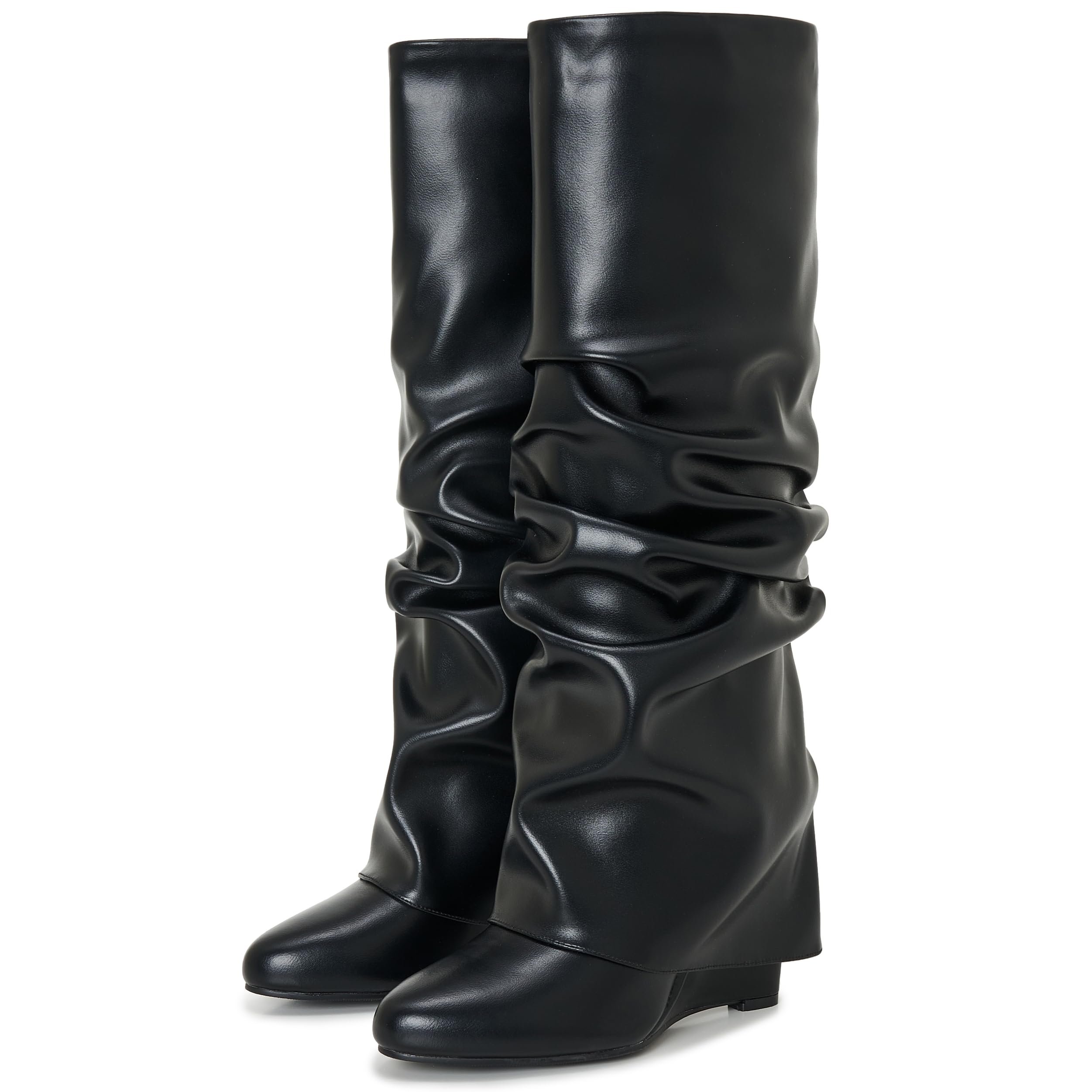 Womens Ruched Knee High Boots Fold Over Toe Tall Boot Wedge Heel Pointed Wide Calf Pull-on Shark Boots