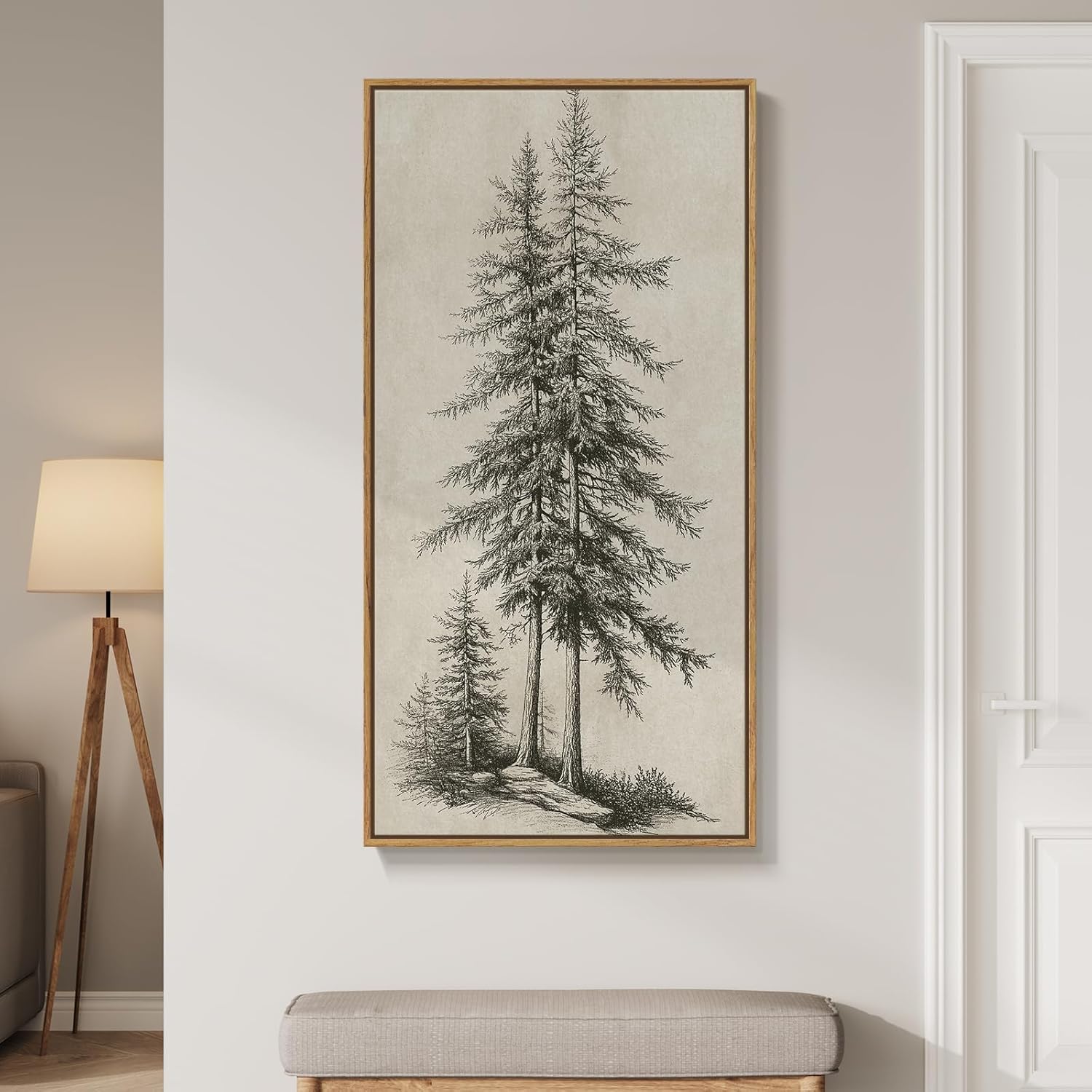 Cuspin Framed Vertical Vintage Pine Tree Wall Art 20x40 Inch - Rustic Black Beige Canvas Print for Farmhouse Living Room, Foyer, Office Decor
