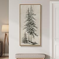 Cuspin Framed Vertical Vintage Pine Tree Wall Art 20x40 Inch - Rustic Black Beige Canvas Print for Farmhouse Living Room, Foyer, Office Decor