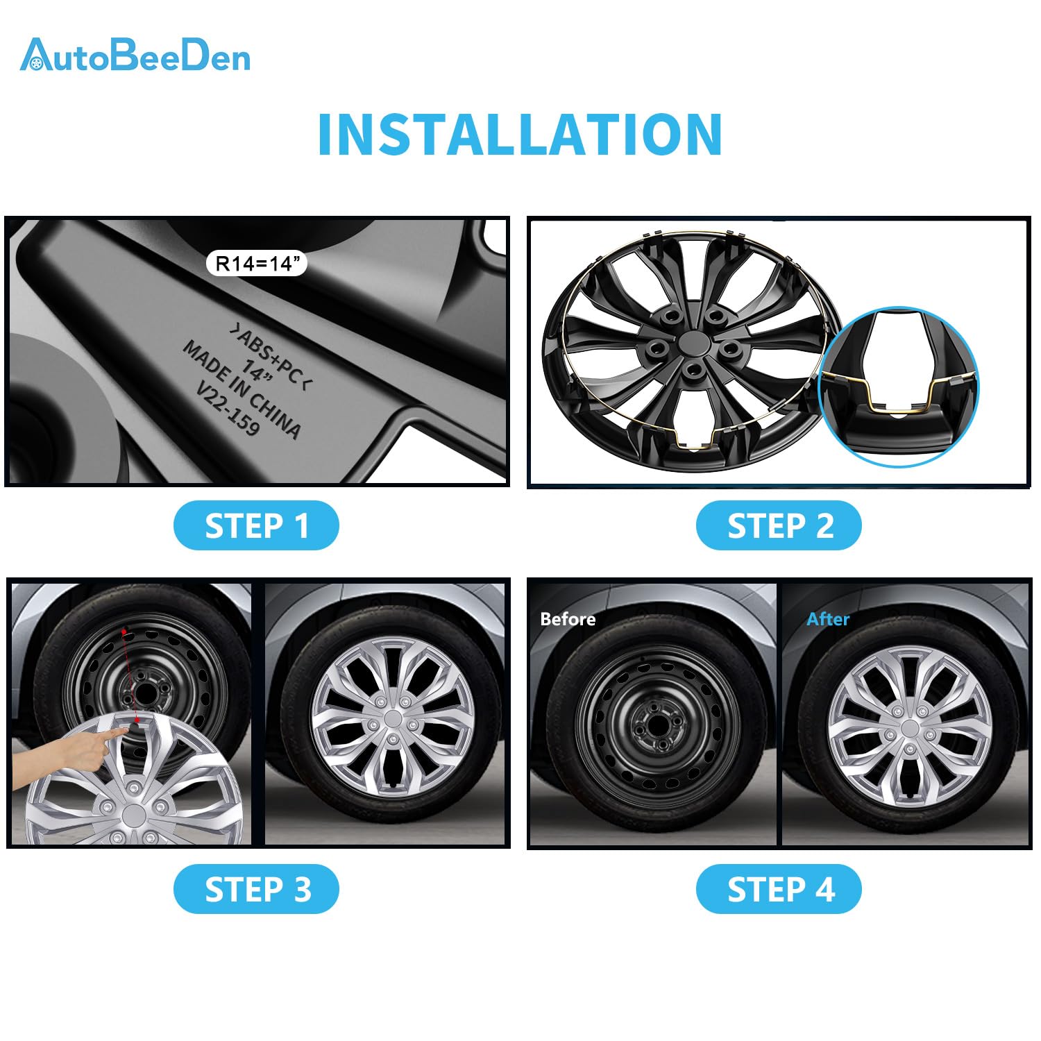 Lot de 4 enjoliveurs universels pour roues de 14" (35,5 cm) (argenté, 14")