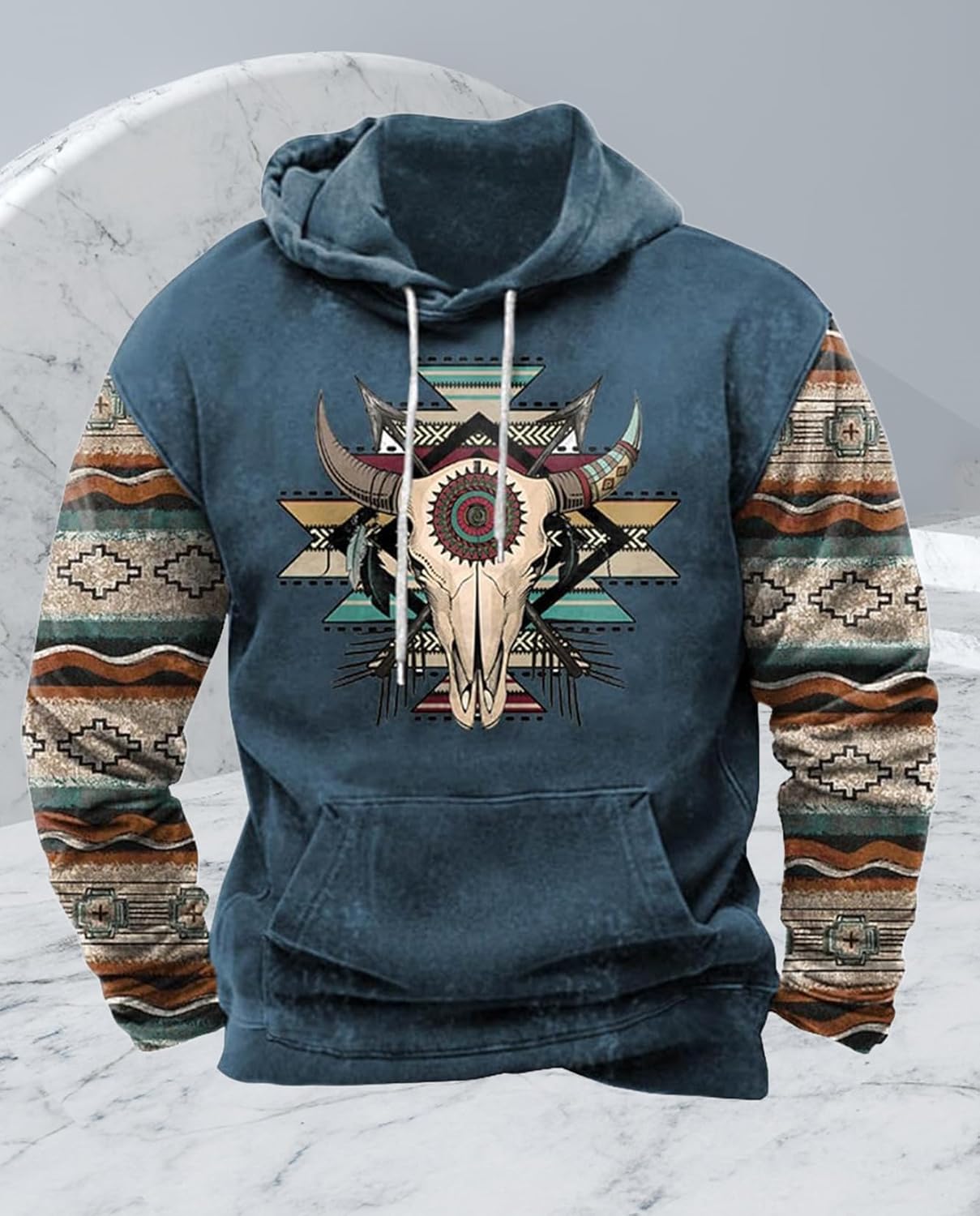 Zhyaj Western Hoodie for Men Aztec Cowboy Printed Drawstring Pullover Hooded Sweatshirt Mens Comfy Fleece Sweatshirt - Image 3