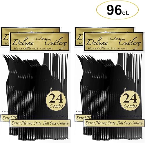 Miniatura 3 de Party Essentials Paquete combinado de cubiertos de plástico duro extra resistente, cuchillos, tenedores, cucharas, negro, 96 piezas, 32 lugares