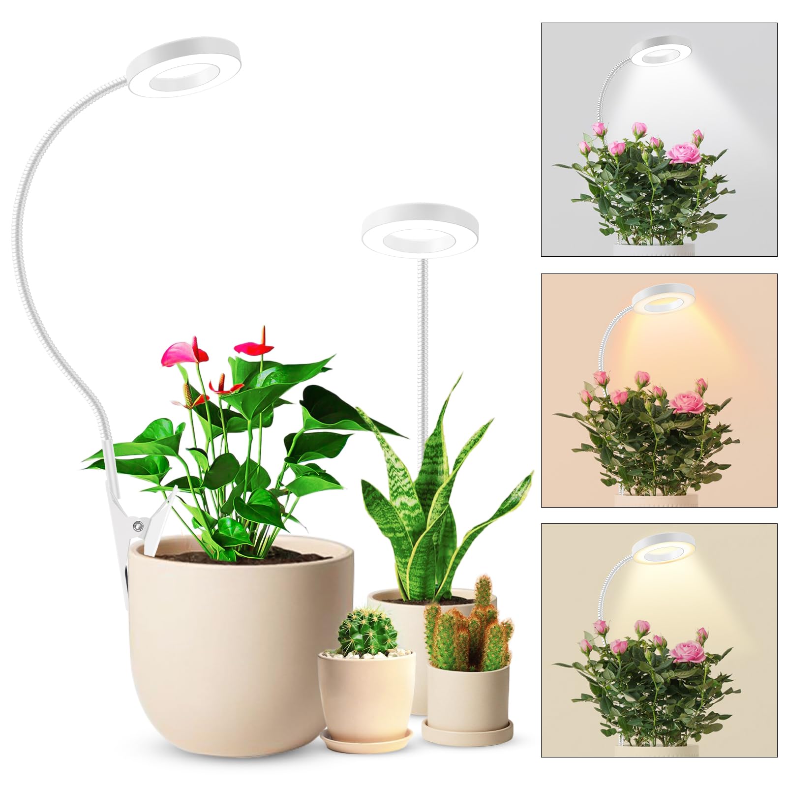 Pflanzenlampe LED Vollspektrum, Pot Clip 6500K Grow Light, zwei Installationsoptionen Pflanzenlicht, 3 Farbtemperatur LED Grow Lampe mit 360° Schwanenhals, 6/12/16H Timer, 5 Helligkeit (Weiß 2 Stück)
