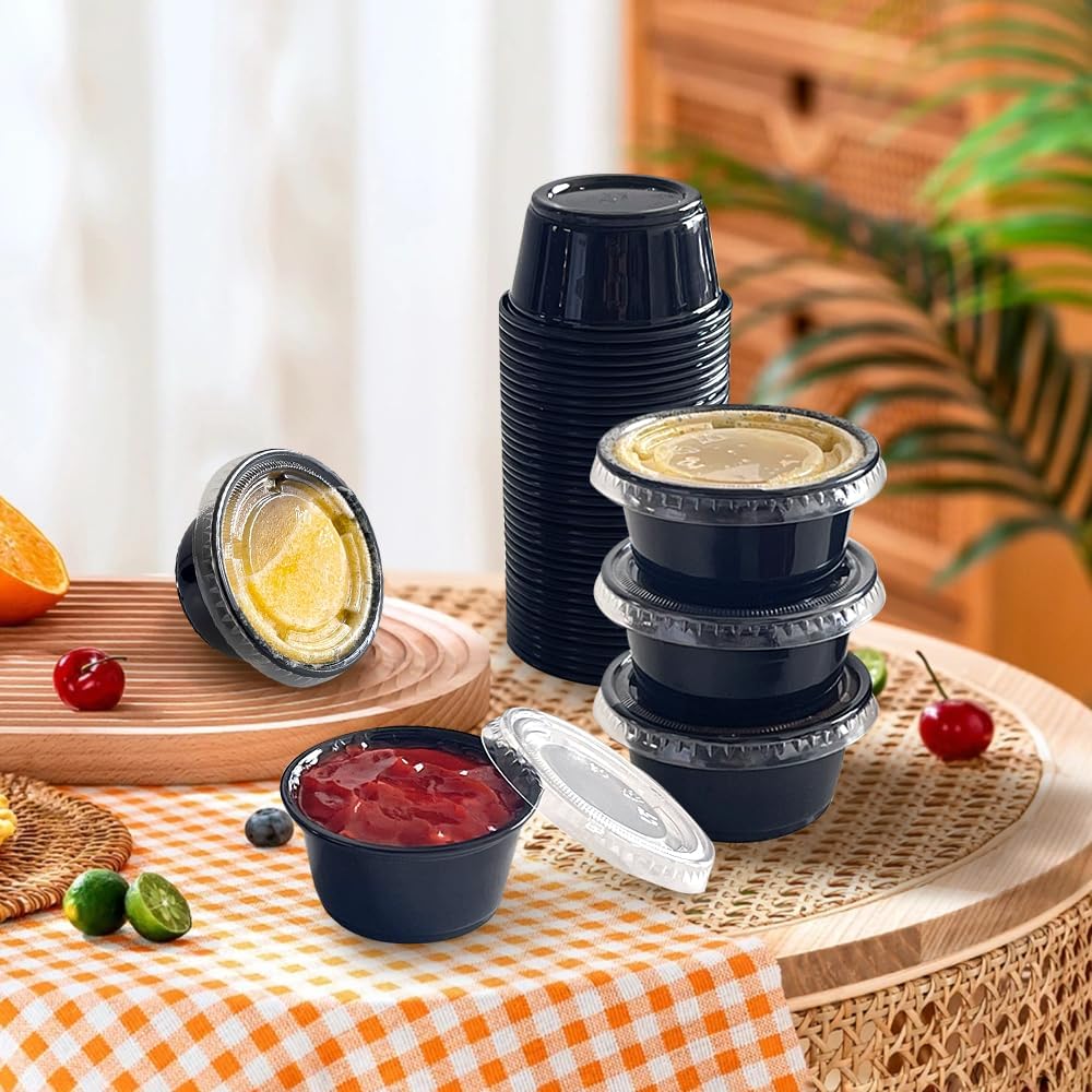 2oz Black Condiment Cups with Lids, (50 Pack) Jello Shot Cups, Dipping Sauce Cups, Portion Containers with Lids Ideal for Sauces - Image 2