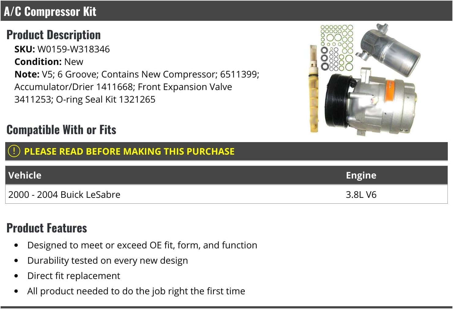 A/C Compressor Kit - with Compressor, Accumulator/Drier, Front Expansion Valve, and O-ring Seal Kit - Compatible with 2000-2004 Buick LeSabre 3.8L V6