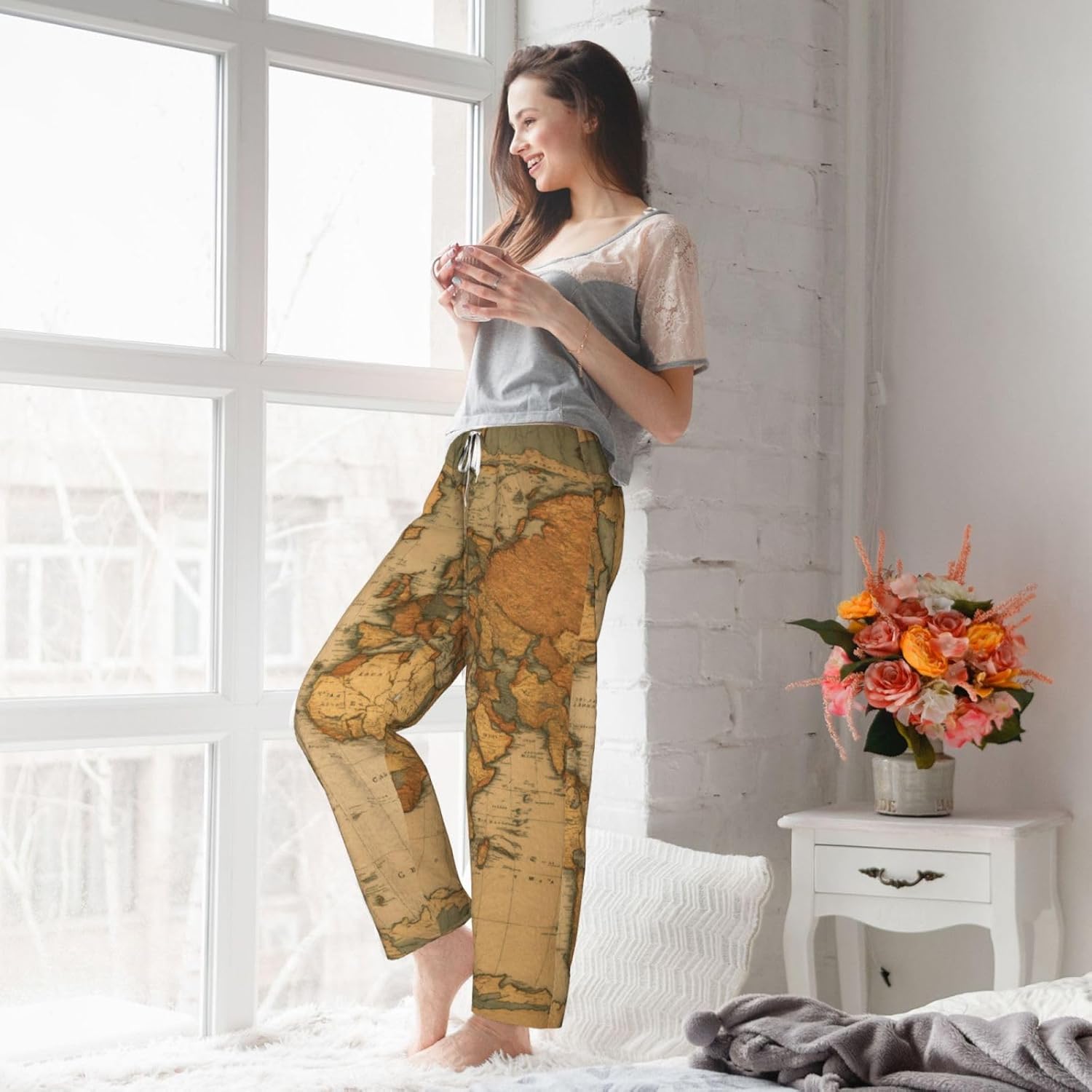 World Map Print Fashion Cozy Womens Flannel Pajama Pants,Perfect For Christmas And Everyday Wear