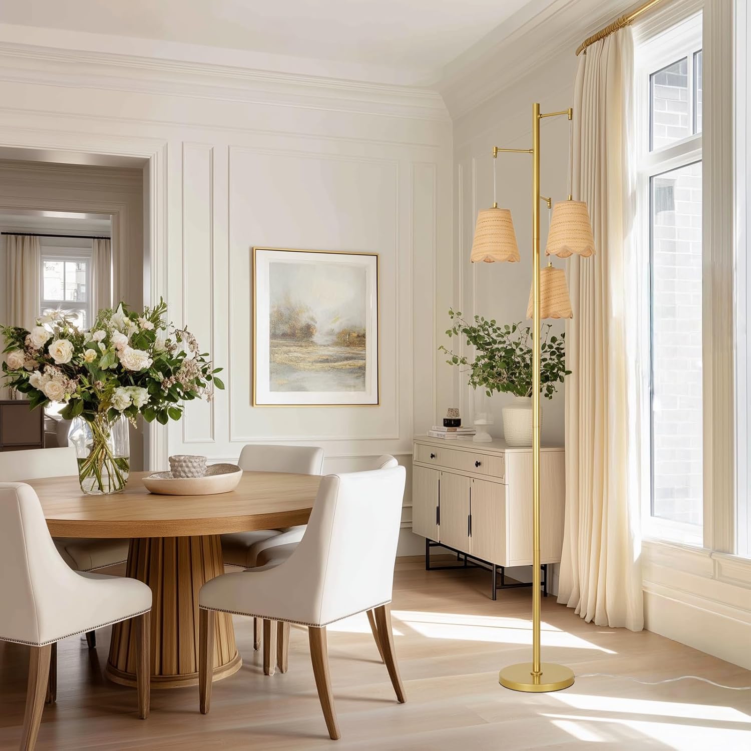 Boho Rattan Floor Lamp, 3-Lights Tree Tall Standing Lamp with Flower Shades Antique Brass Brush Paint Finish for Dining Room, Living Room, Bedroom