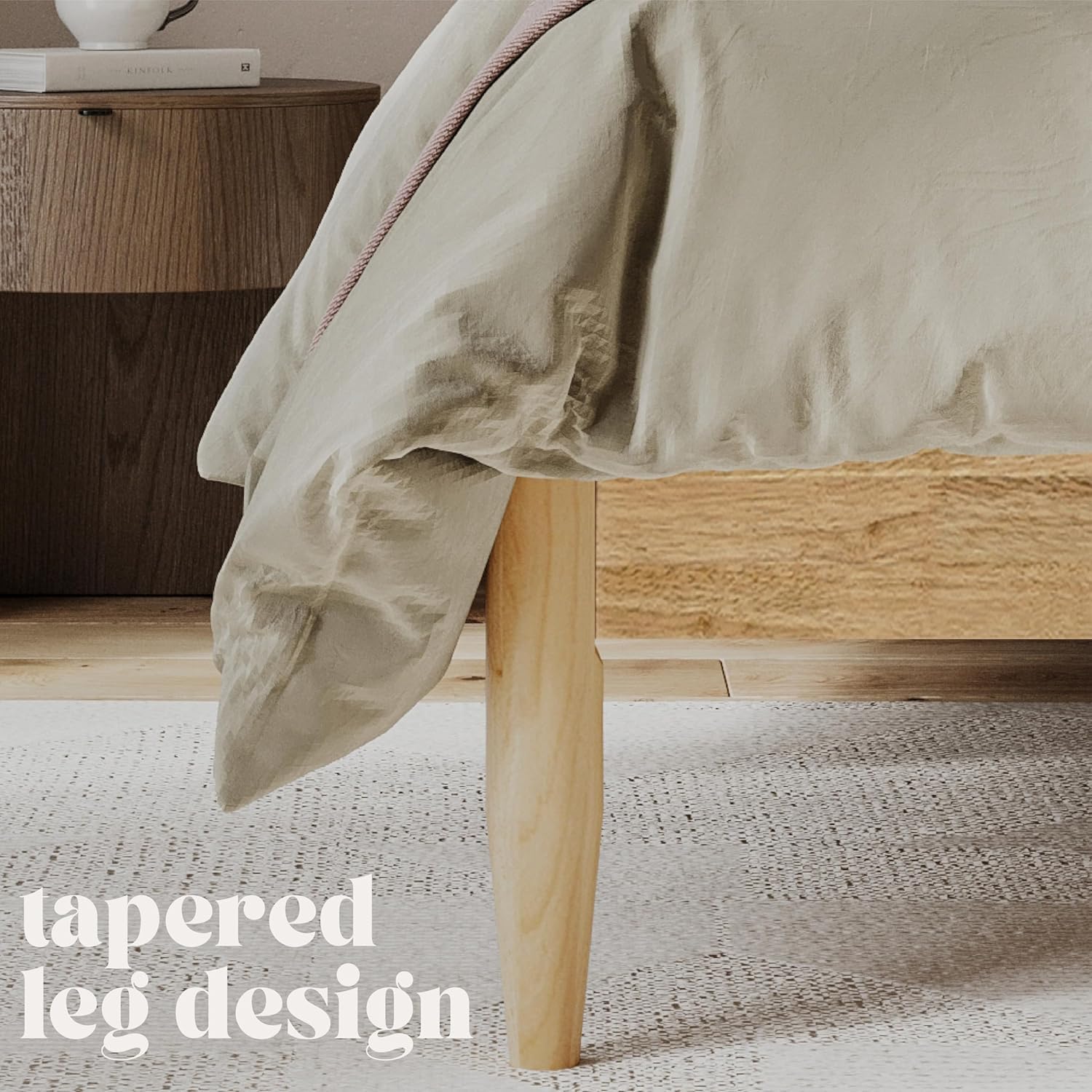 DG Casa Reign Boucle Mid-Century Modern Full Size Wooden Platform Bed Frame - Upholstered in Taupe Boucle - Solid Wood with Natural Finish