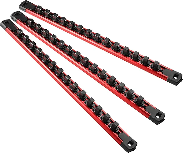 Reniteco Magnetic Socket Organizer, 3-Piece Heavty Duty Aluminum Socket Holder, Socket Rail for Tool Box, Premium Quality 360° Swivel Socket Rack with 42 Clips for 3/8-Inch(Red)