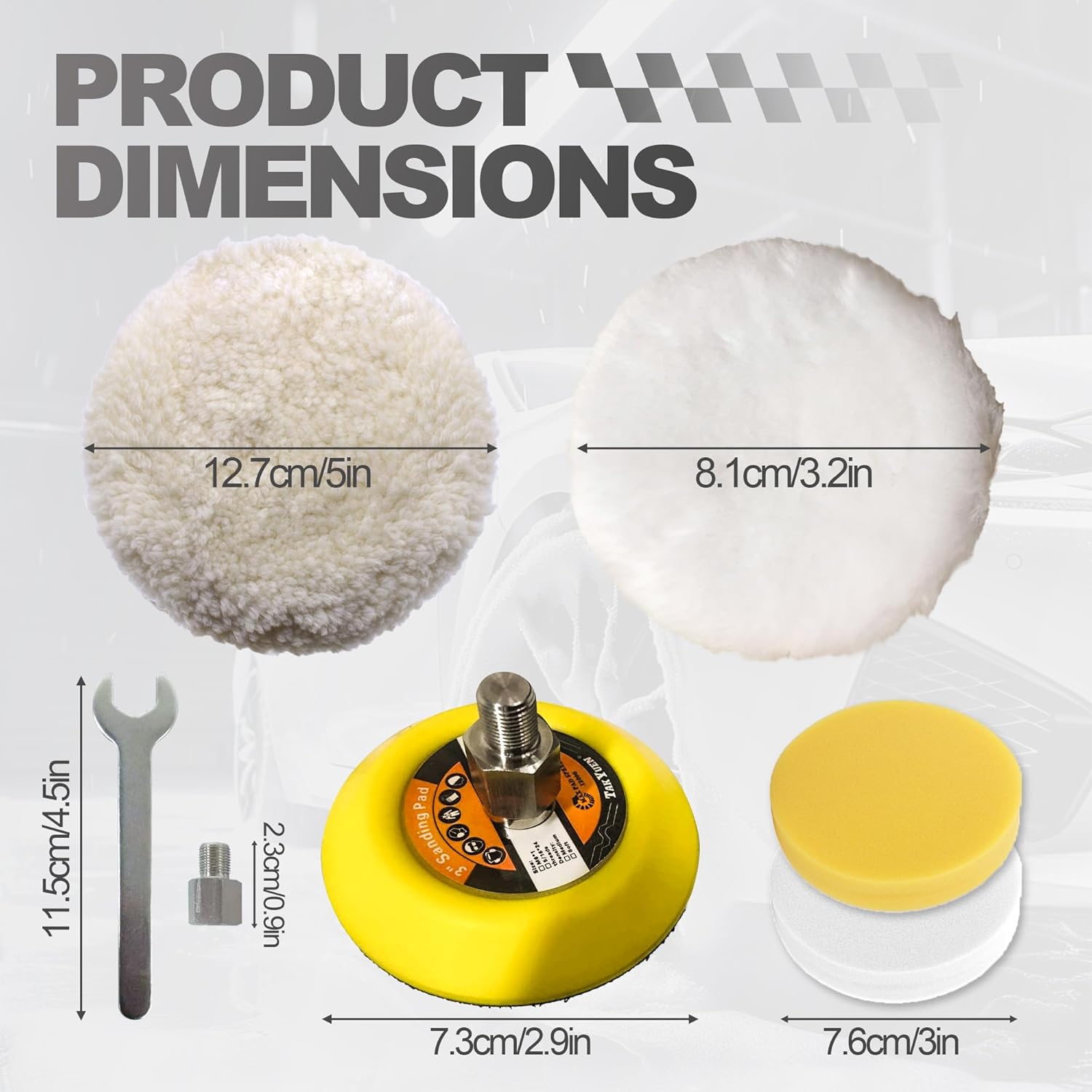 7 Pcs Buffing and Polishing Kit for Milwaukee M12 Polisher/Sander Complete Set with 3" Backing Pad, Adapter (M9 to 5/16"-24), Sponge and 2 Pcs Wool Buffing Pads - Image 2