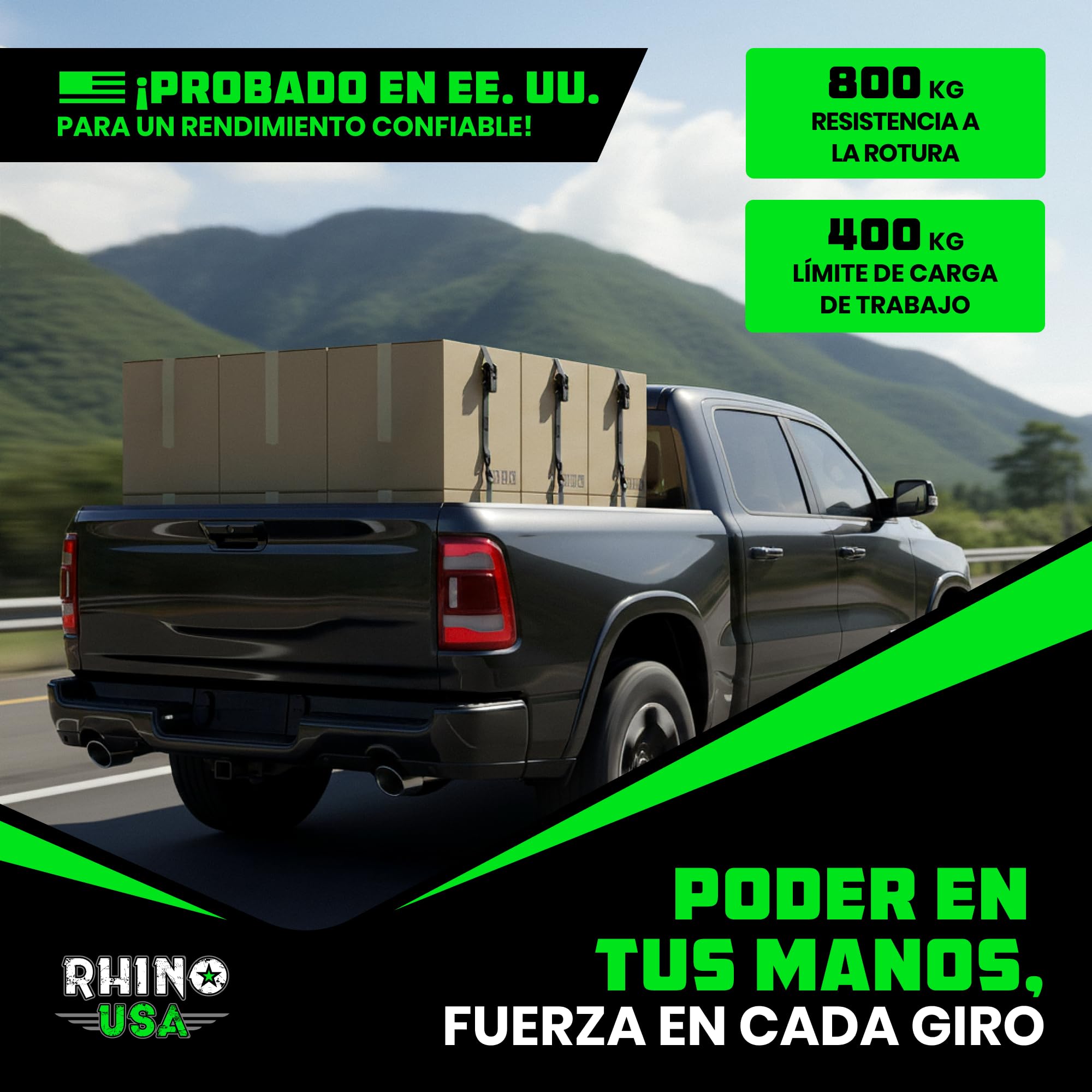 Rhino USA Correas de Carraca (4-Pack) - 2,5 cm x 4,6 m (800 kg de Resistencia de Rotura) - Correas de Amarre con Ganchos de Seguridad en S para Camiones, Carga, Mudanzas, Electrodomésticos - Negro