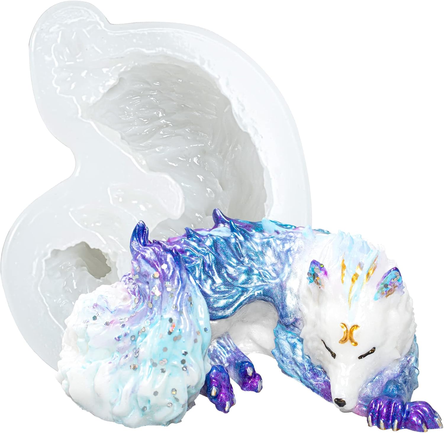 FUNSHOWCASE 4inch Sleeping Wolf Silicone Mold for Epoxy Resin Casting, Jewelry Making, Fairy Garden, Fondant Cake Decoration, Polymer Clay Craft, Candy Melt Sugarcraft, Concrete Cement Paperweight