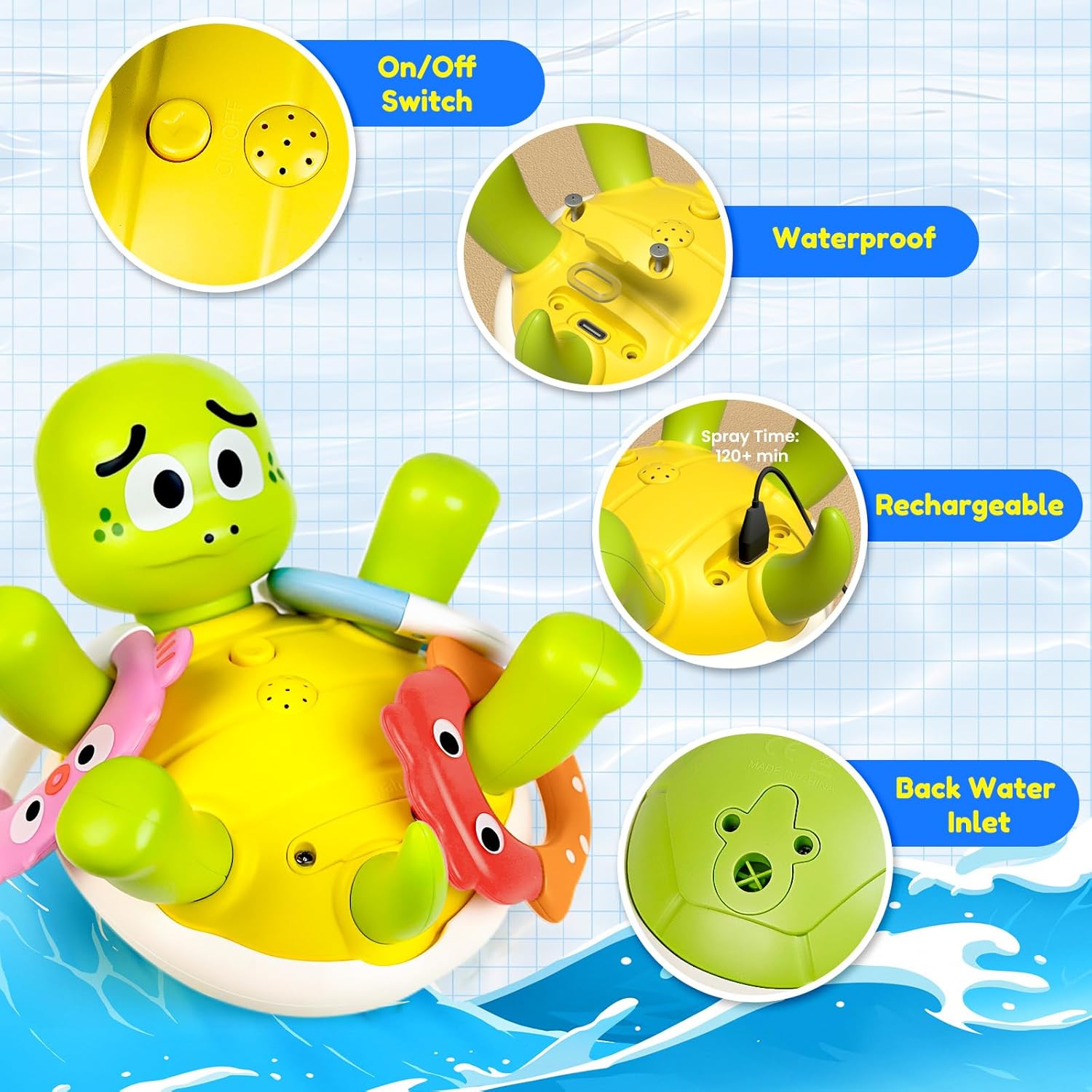 Baby Bath Toy Sprinkler, Rechargeable Turtle Bath Toys for Kids Toddlers Ages 1-3 2-4 with 5 Rings, Mold Free Bath Pool Water Spray Toys for Babies Toddlers 1-3-5, Great Birthday Gifts for Kids