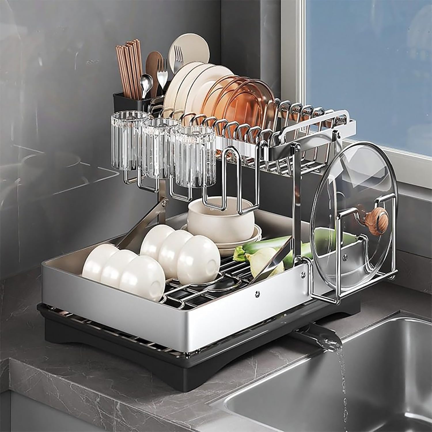 Égouttoir à vaisselle à 2 niveaux amovible pour rangement de tasses et assiettes