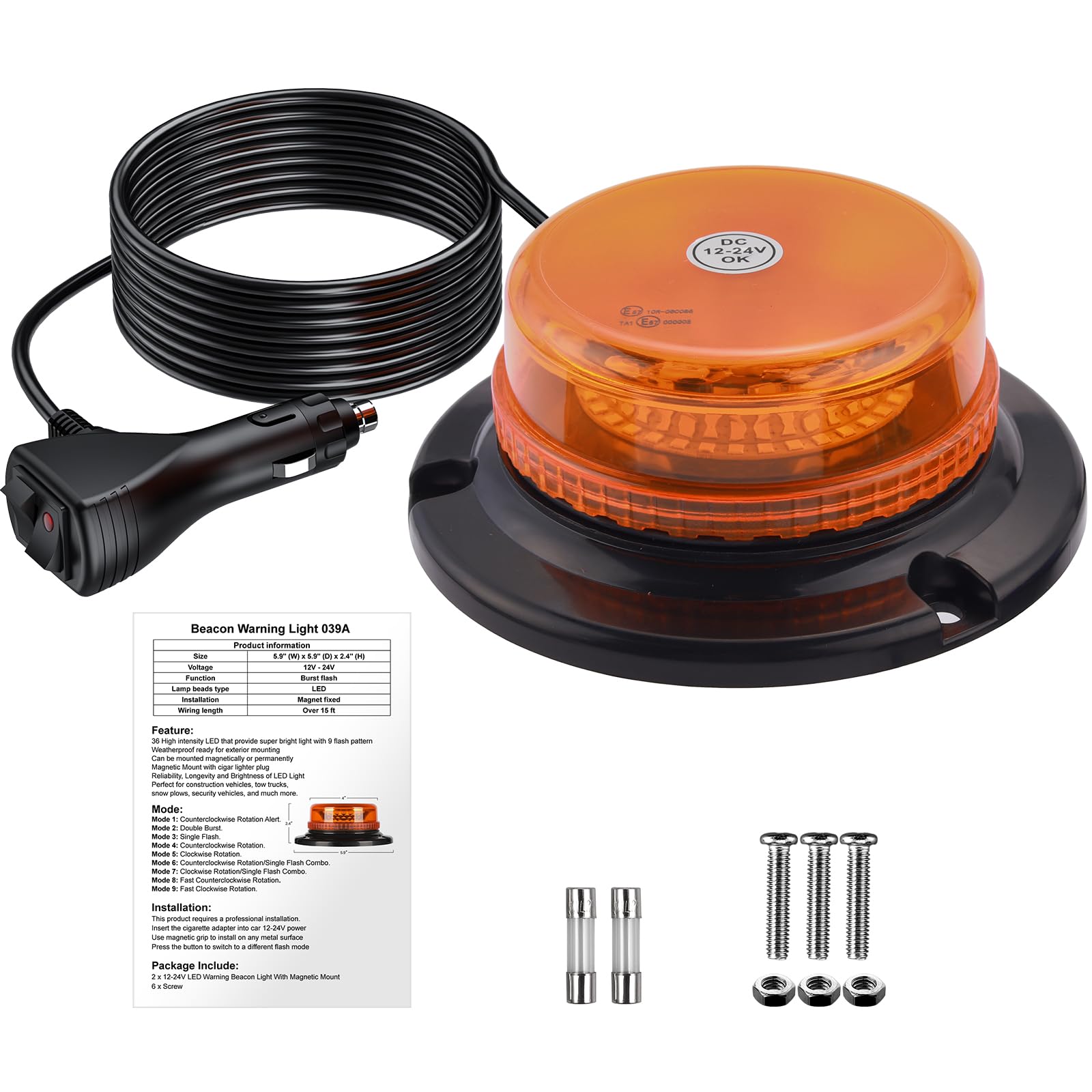 AUTOUTLET 36 LED 18W Luce Stroboscopica,Faro Rotante con con Base Magnetica e Cavo di 5 Metri,9 Modalità Lampeggianti,per Trattore Camion Auto(Arancione)
