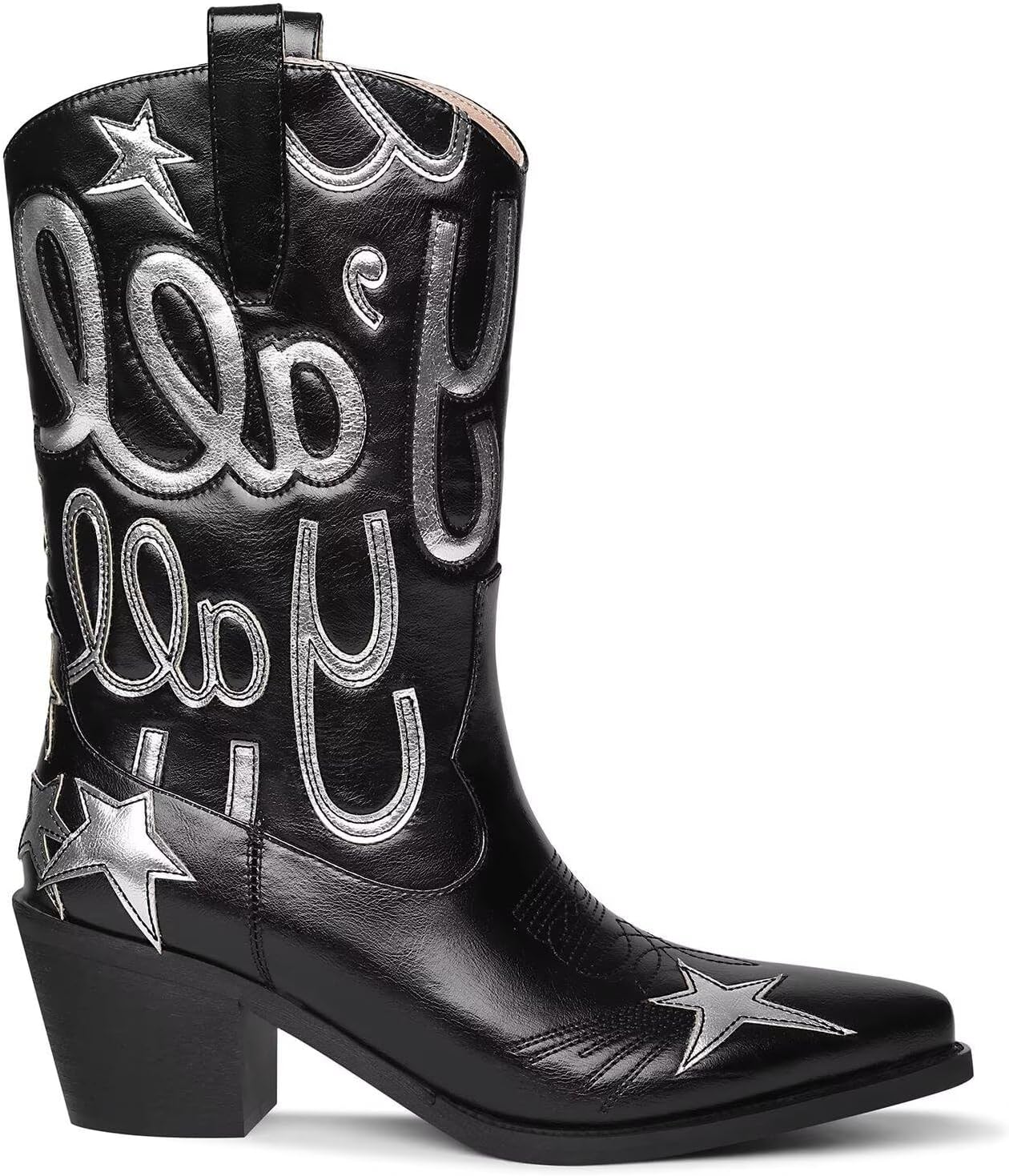 HOCHFART Women's Cowboy Boots Mid Calf Pointed Toe Low Chunky Heel Embroidery Metallic Pull On Western Festival Concert Fashion Cowgirl Boots image 4
