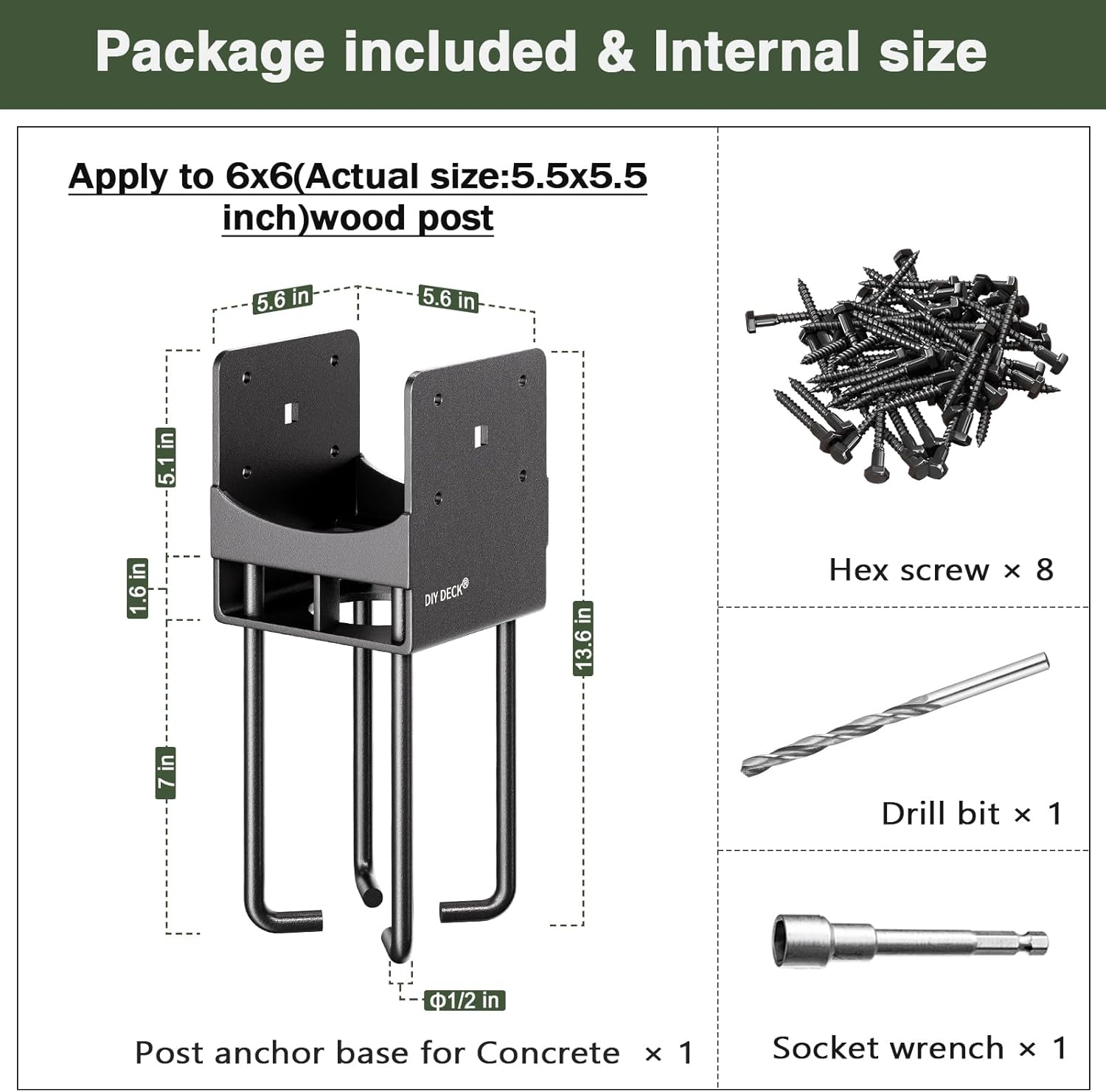 Heavy Duty Stainless Steels U-Shape Wet Concrete Fence Post Holder 6"x6" (Actual 5.5 "x5.5) Base Anchor Bracket with Air Flow Channel for Post Base, Fences, Wood Gazebo, 1Pack [Patent Pending]