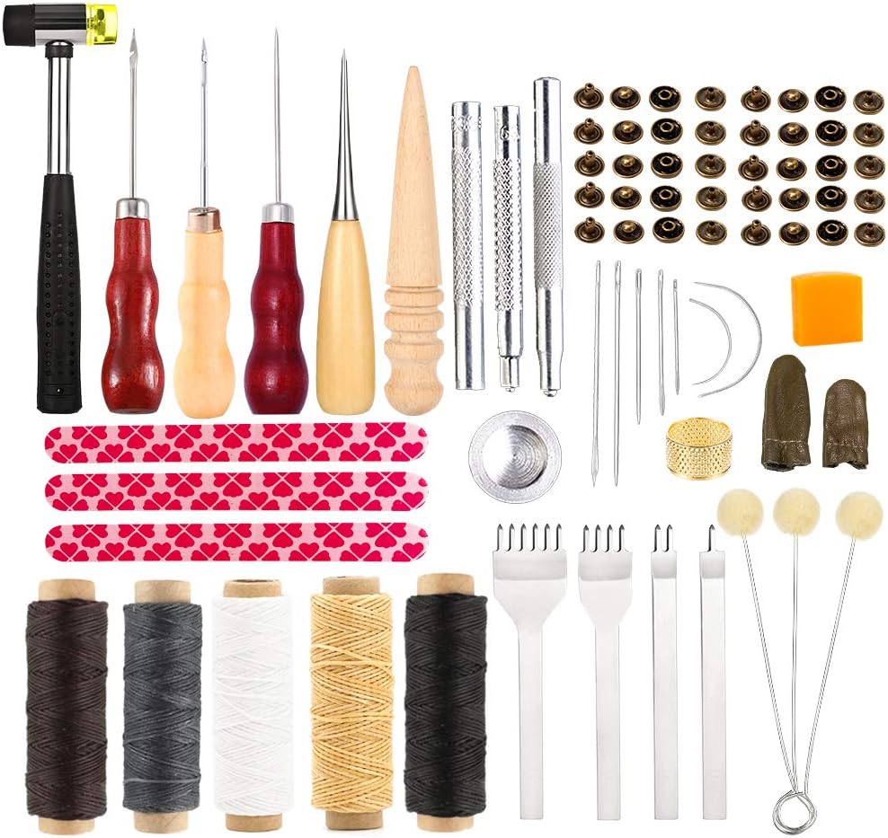 UOOU 46Pcs Leather Craft Tools Kit Leather Working Tools Basic Leather Sewing Repair kit Waxed Thread Prong Punch Snaps and Rivets Kit Hand Sewing Needles Awl for Leather Shoes Bag Belt Repairing