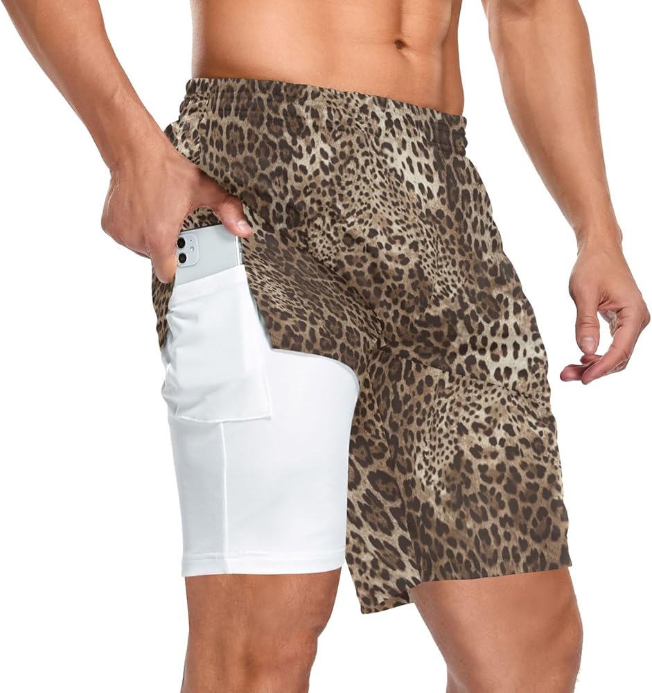 JHKKU Men's 2 in 1 Athletic Running Shorts Leopard Print
