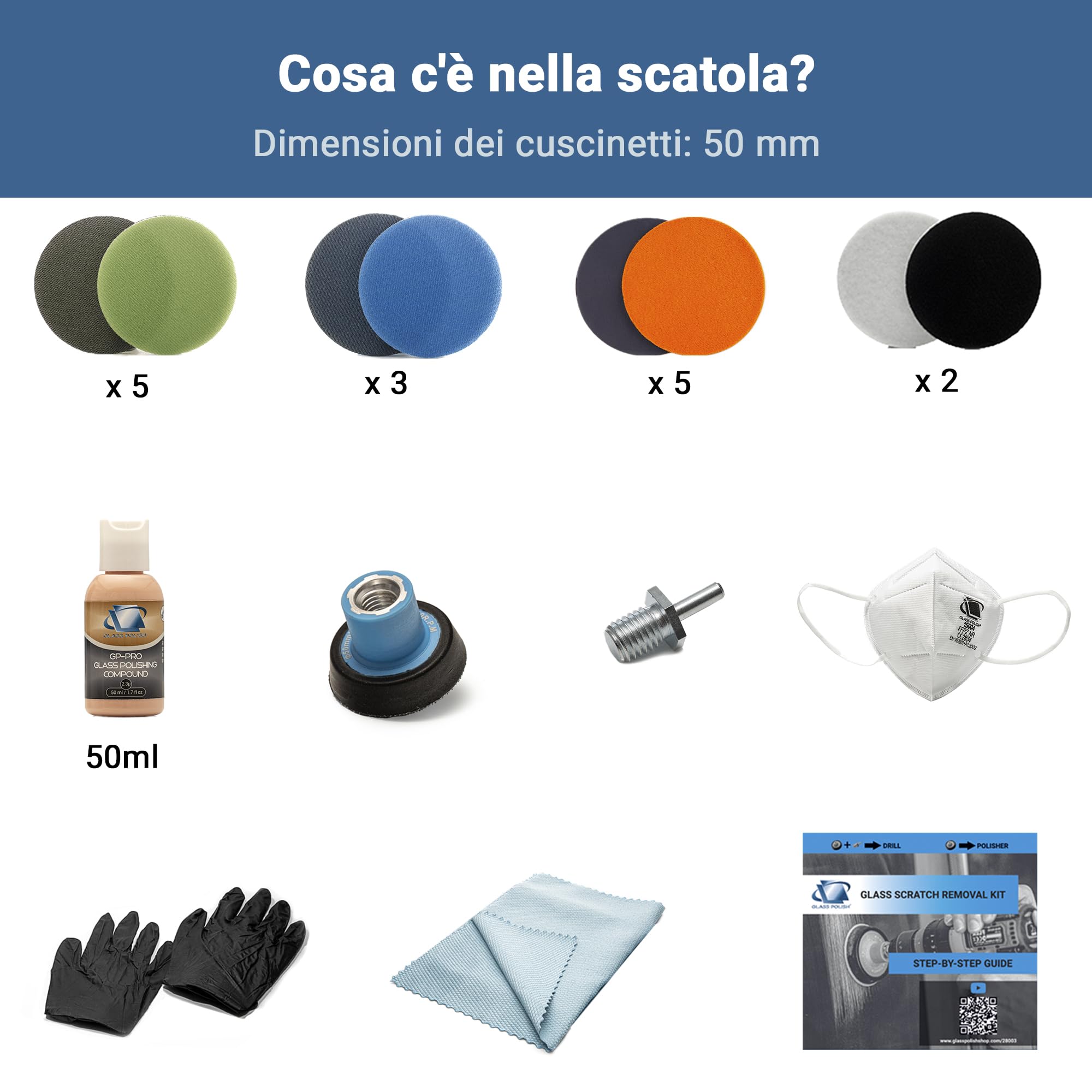 GLASS POLISH DIY Kit di Rimozione Graffi su Vetro 50 mm per Lucidatura Efficace con Trapano o Lucidatrice, Ripara Graffi Profondi, Elimina Danni Superficiali e Ripristina Chiarezza e Brillantezza