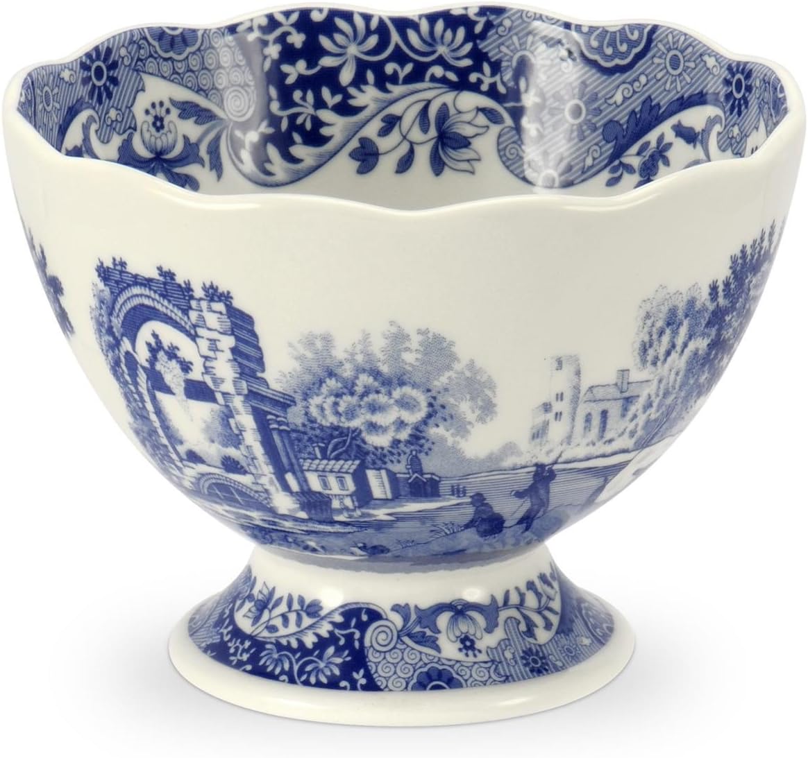 Portmeirion Blue Italian Footed Bowl | Made of Porcelain | Berries, Sweets, and Chocolate Bowl | Scalloped Edge | Measures 4.75-Inch | Dishwasher and Microwave Safe