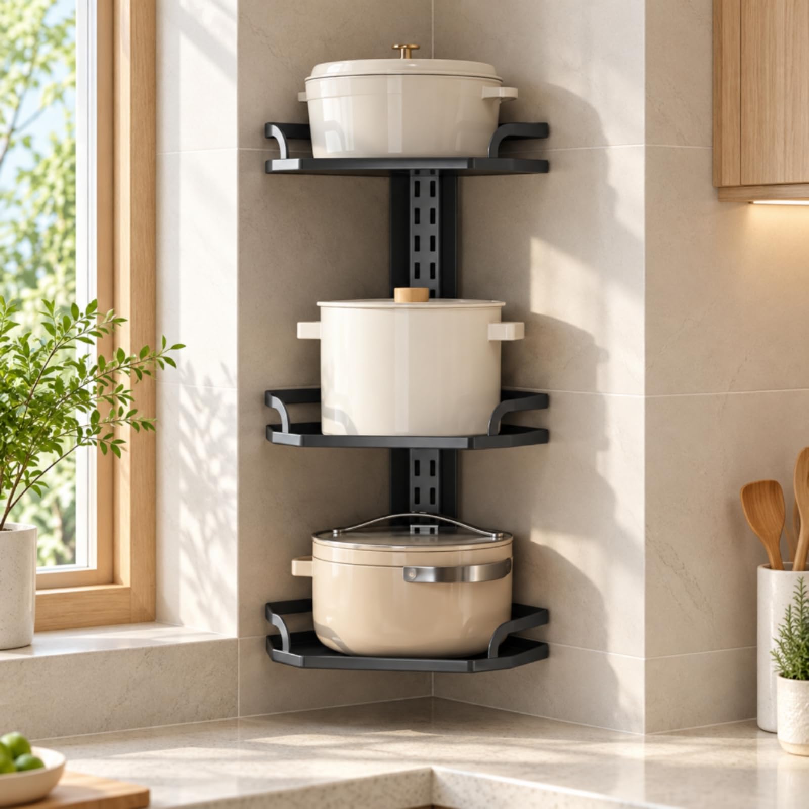 Porte-Pots Mural Trois Étagères Réglables Étagère Cuisine Panneau à Crémaillère Polyvalent pr Locataires, Noir