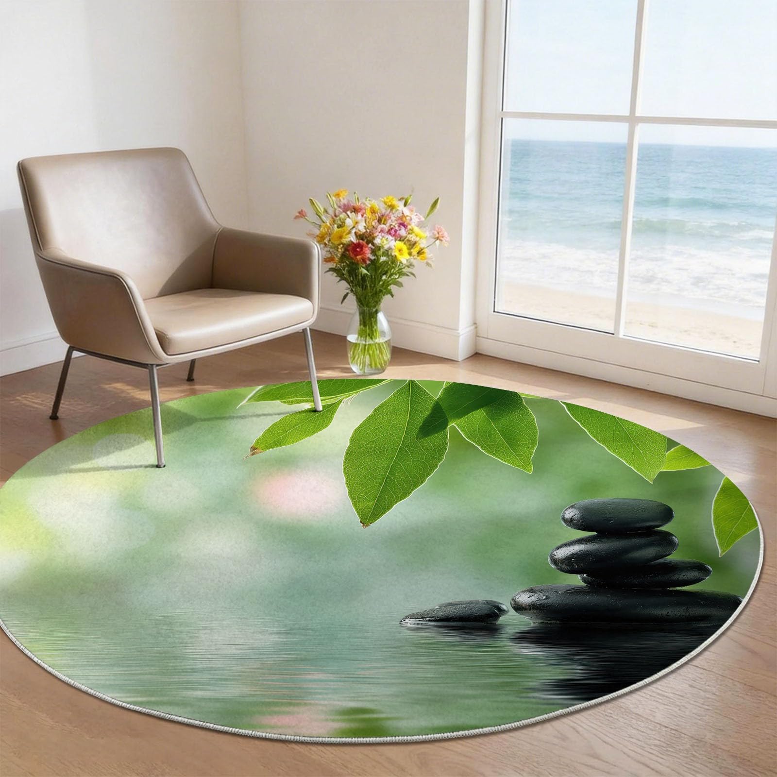 Nowoczesny minimalistyczny okrągły dywan do salonu 120 cm, czarny Zen Ułożone kamienie odblaskowe arkusz dywan do sypialni Można prać w pralce antypoślizgowy dywan sypialnia, miękki dywan do jadalni
