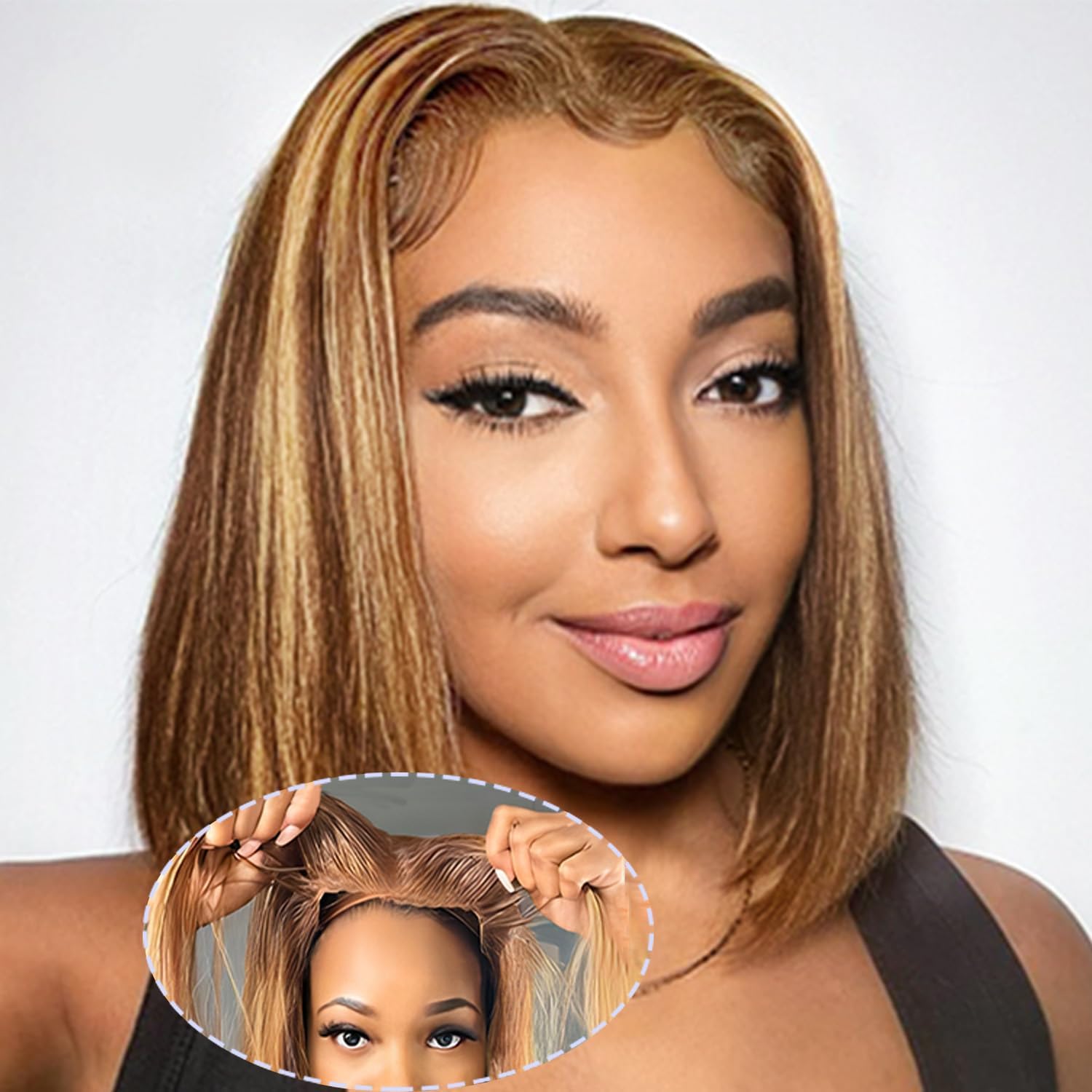 Wear and Go Glueless Wigs Pre Plucked Pre Cut Ombre Highlight Bob Wig for Women 180% Density 4x4 Straight HD Lace Front Wigs Human Hair 3S Ready to Wear for Beginners 14 Inch