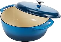 Vista 2 de Yaxa Basics Olla de horno holandés de hierro fundido con tapa, esmaltada, redonda, doble asa, resistente, pequeña, 4.3 cuartos de galón, azul
