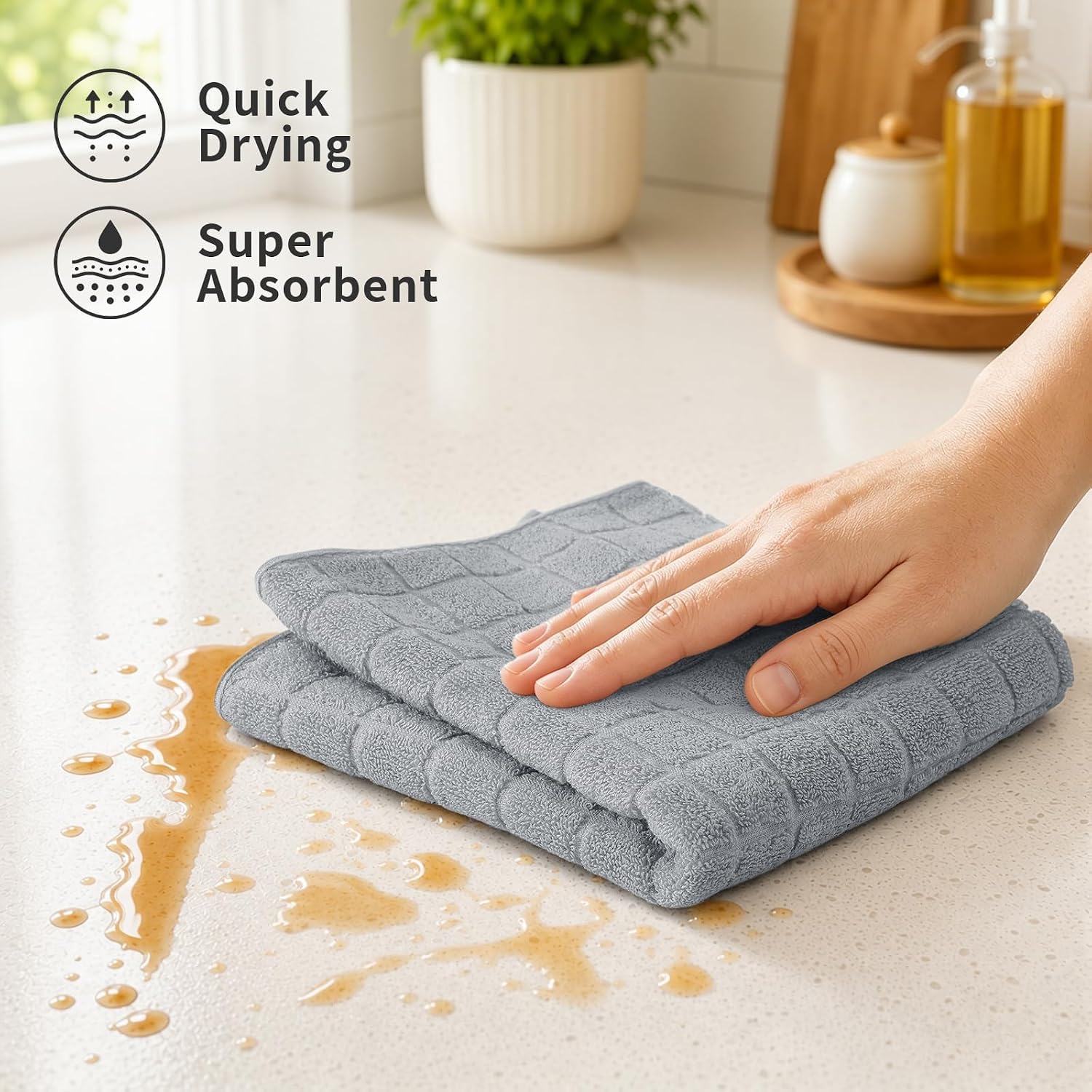 Kitinjoy Premium Kitchen Towels (16"x 28", 6 Pack), Large 100% Cotton Terry 390 GSM Kitchen Hand Towels, Ultra Absorbent Check Design Tea Towels Set with Hanging Loop, Light Grey image 3