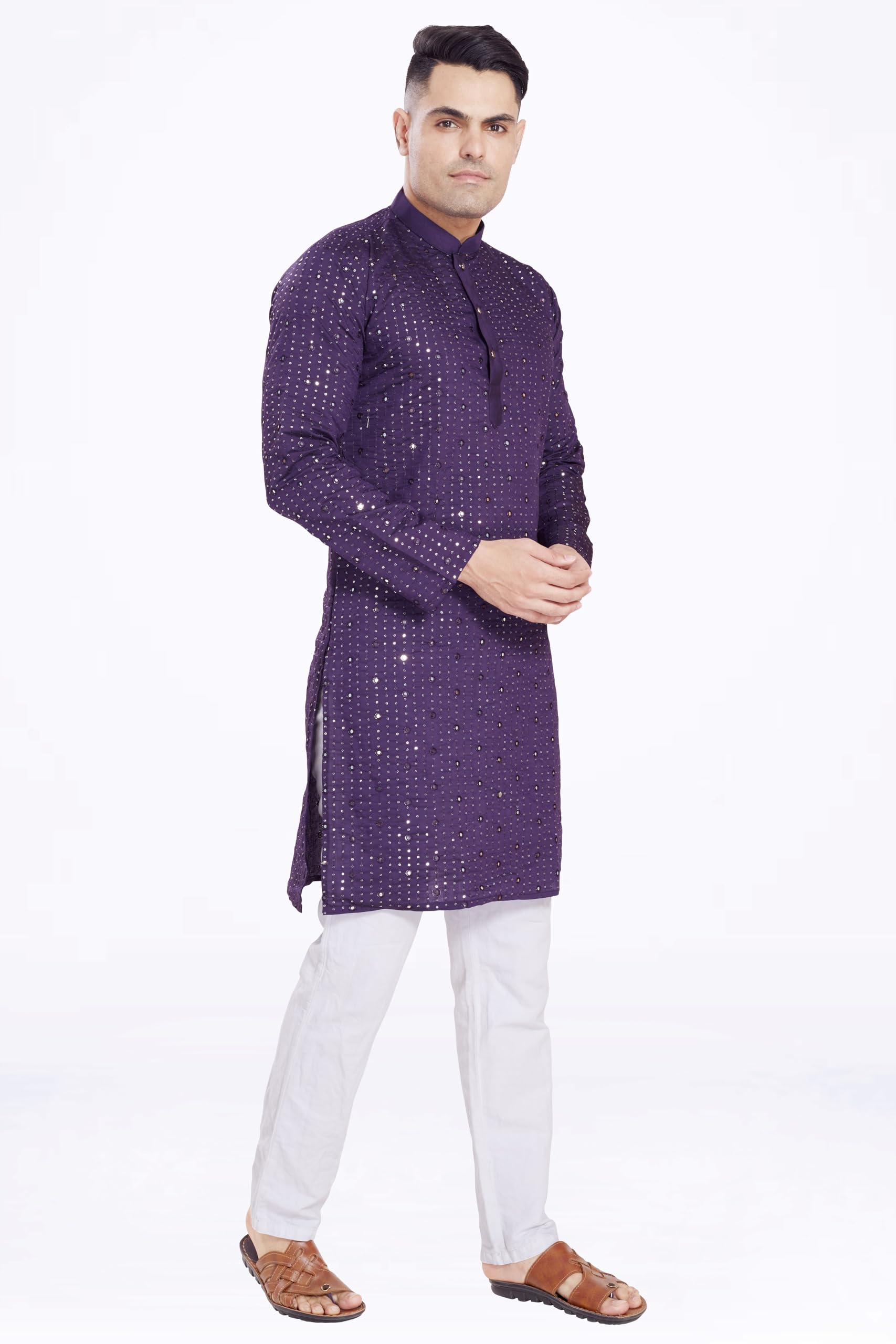 Divisive Men's Sequince Mirror Embroidered Cotton Silk Blend Only Slim Fit Kurta (Dkrt175_S_Purple)