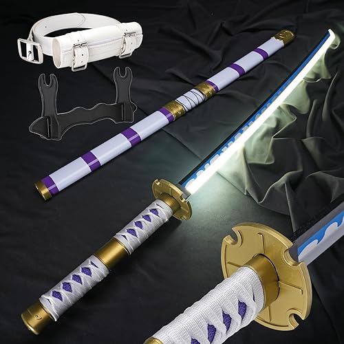 Zisu Espada Roronoa Zoro iluminada, espada de sable de luz de 40 pulgadas con batería recargable, kit completo con soporte de espada y cinturón